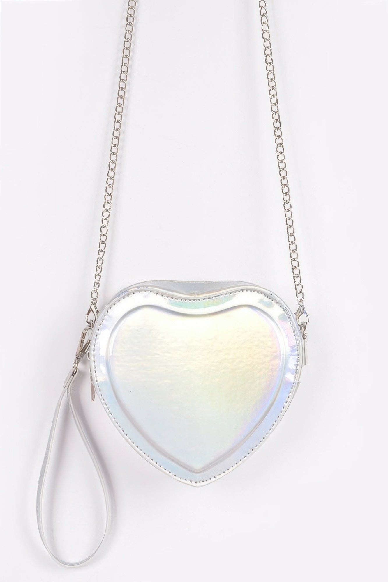 Silver heart-shaped crossbody bag with glossy metallic finish and gold chain strap
