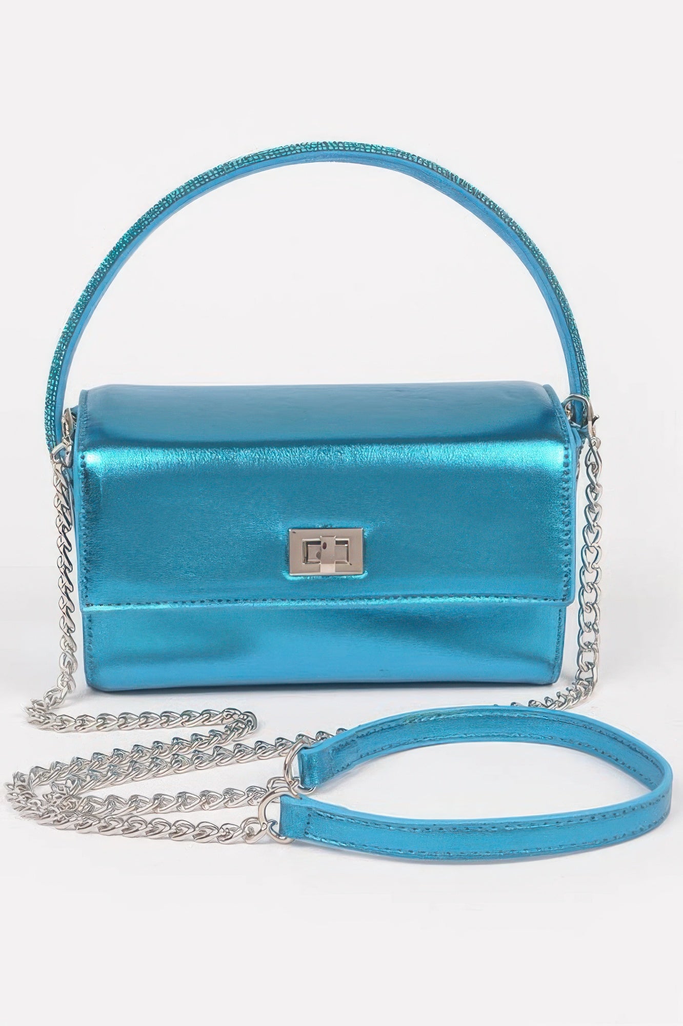 Metallic top handle bag in blue with chain strap and metal clasp