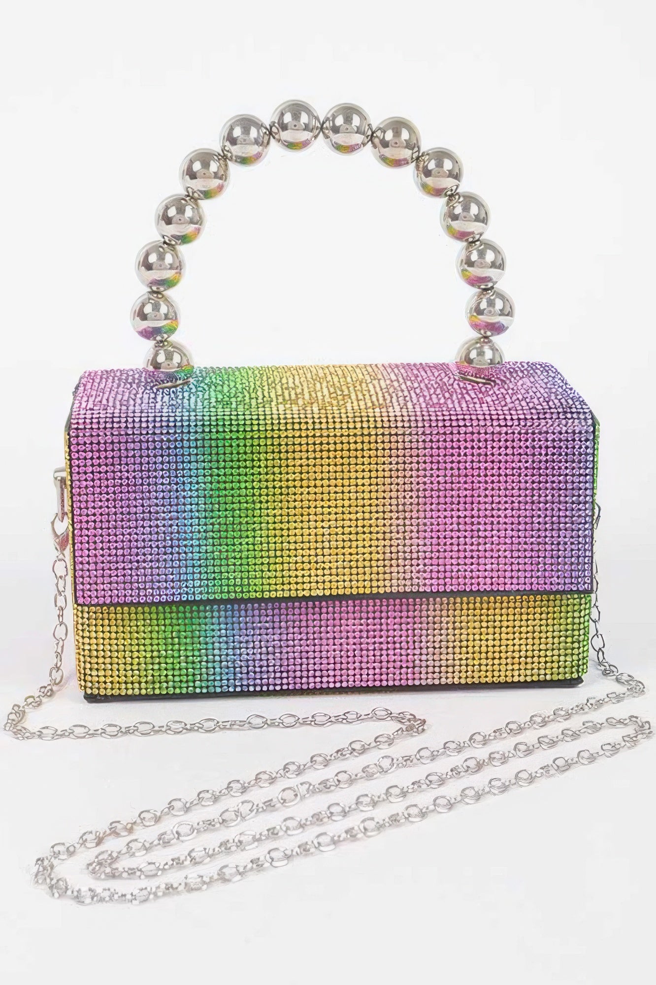 Rhinestone ball chain handle bag with rainbow glitter front flap and shoulder chain