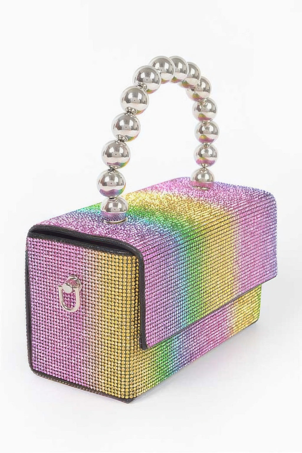 Rainbow rhinestone clutch bag with silver ball-chain handle and black top edge