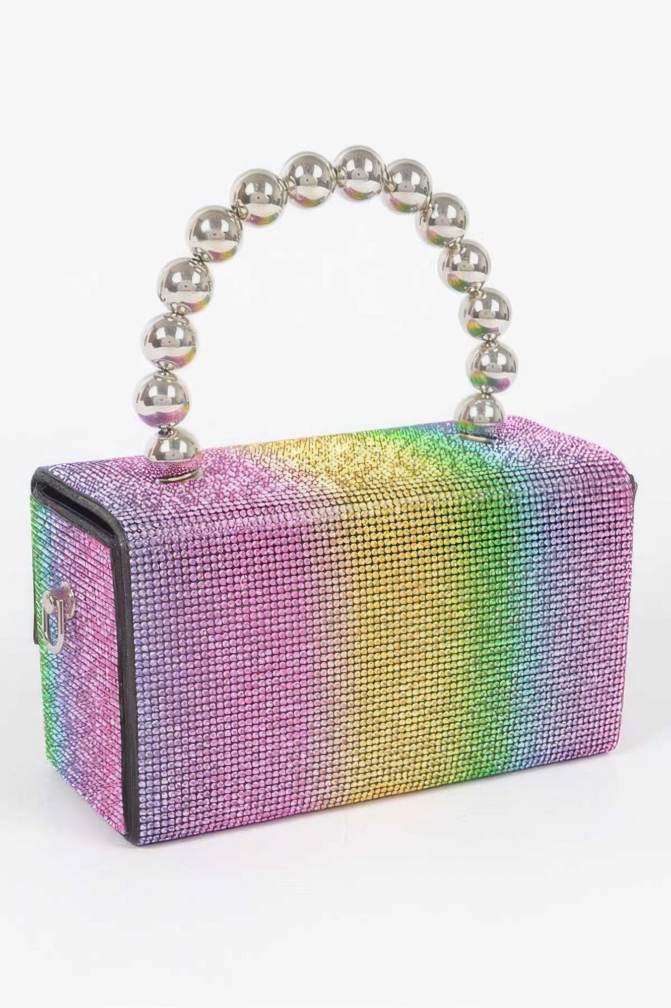 Rainbow rhinestone ball-chain clutch with glossy handle beads and curved top flap