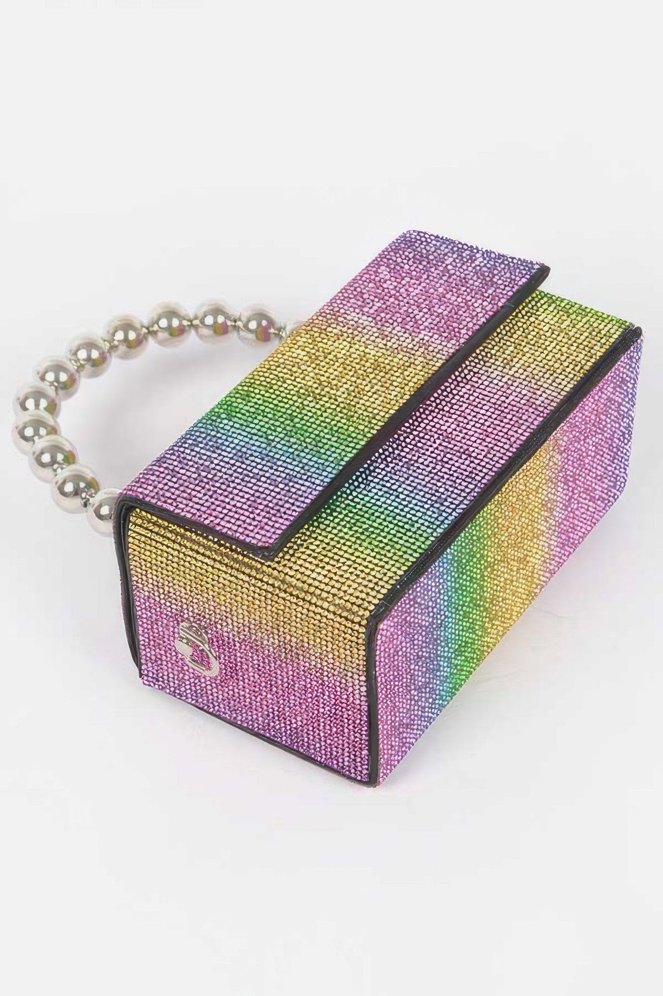 Rainbow rhinestone bag with structured box shape, black trim, and silver ball-chain