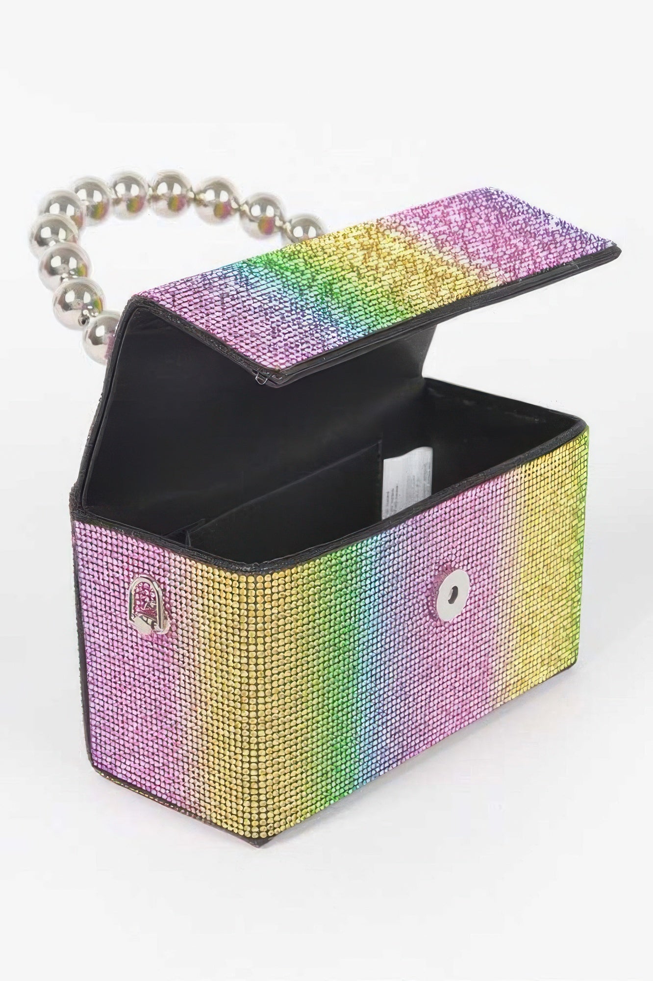 Rainbow rhinestone clutch bag with clasp closure and open black interior view