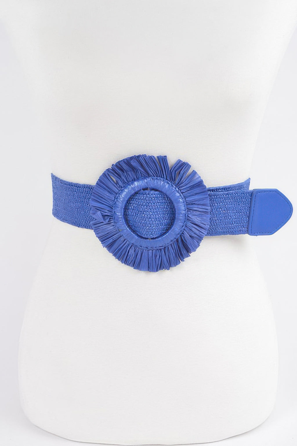 Faux Straw Elastic Belt in Cobalt blue with circular tassel medallion