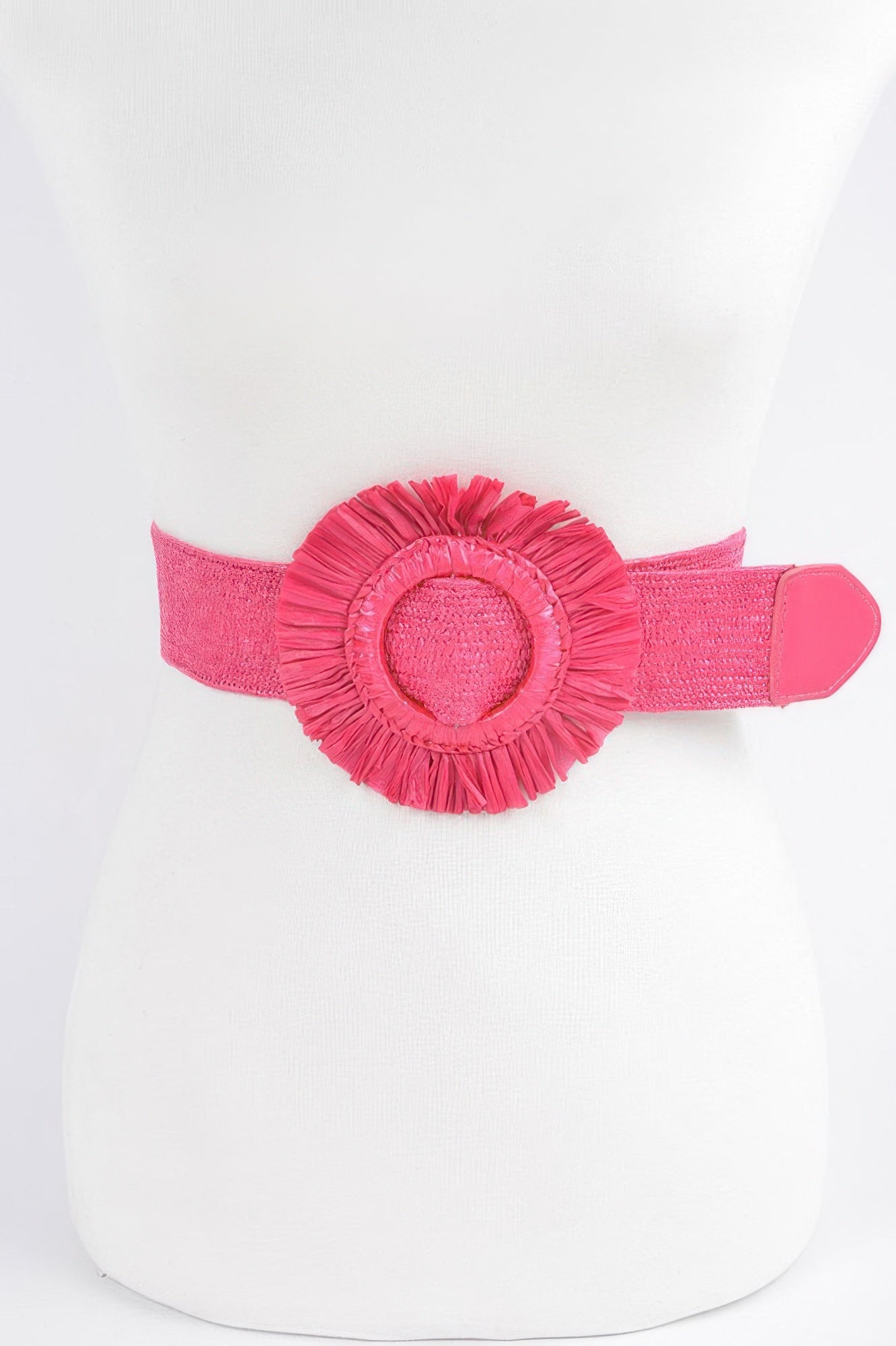 Faux Straw Elastic Belt in Fuchsia pink with rosette-style center and faux leather ends