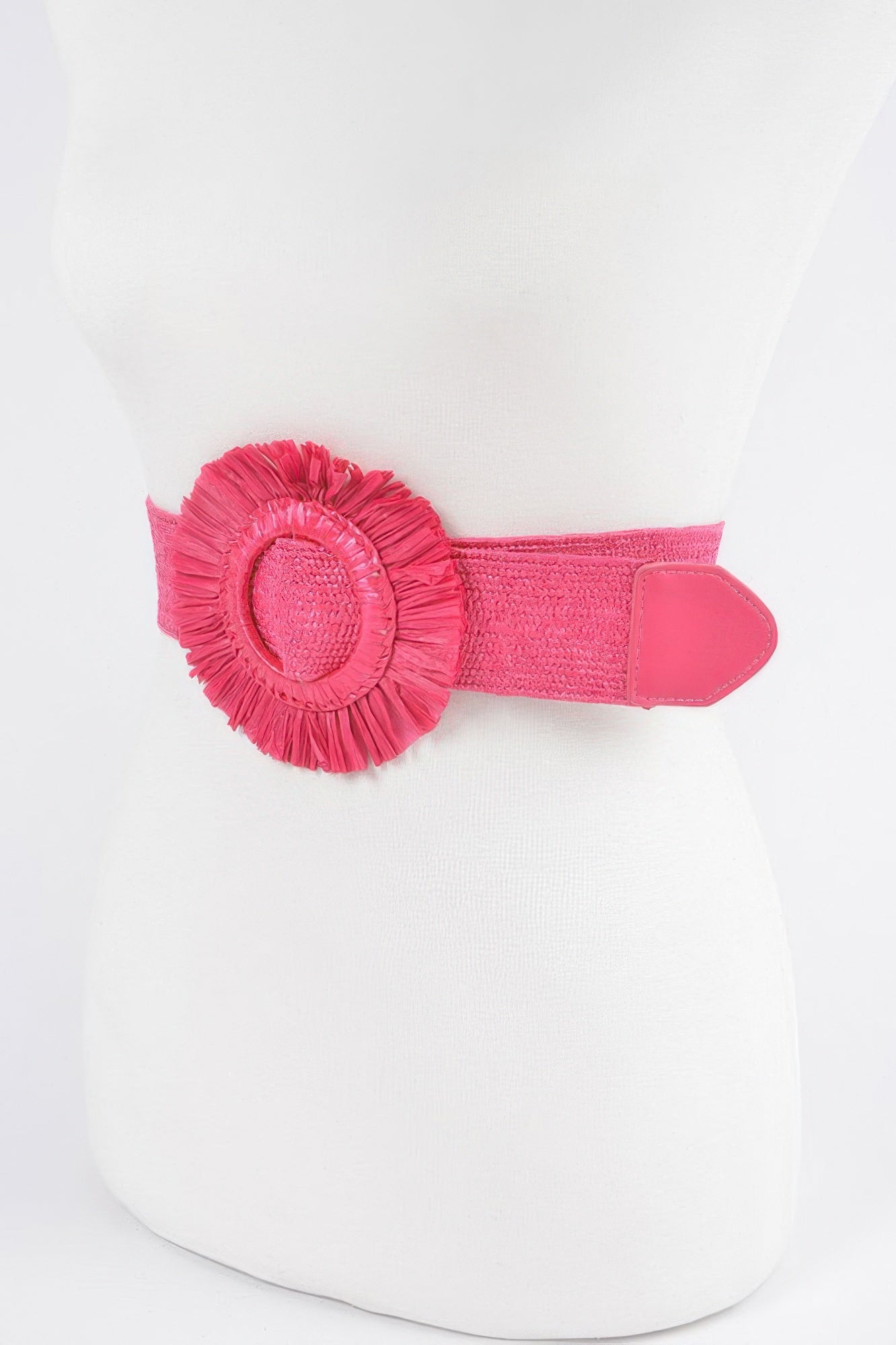 Faux Straw Elastic Belt, fuchsia pink, circular rosette embellishment on elastic strap