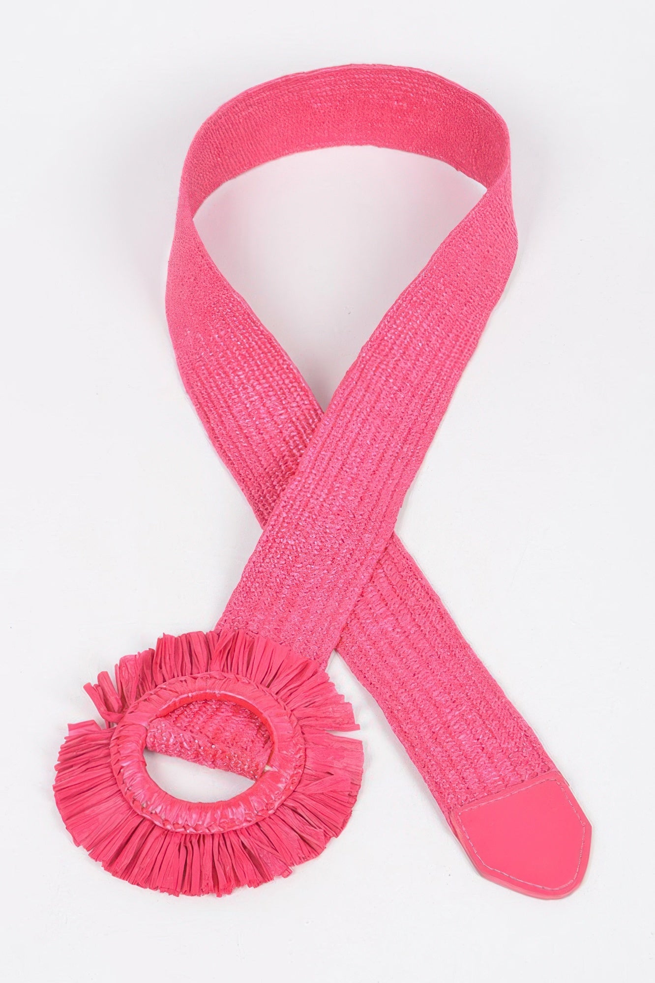 Faux Straw Elastic Belt in fuchsia pink, long ribbon ties with round rosette detail