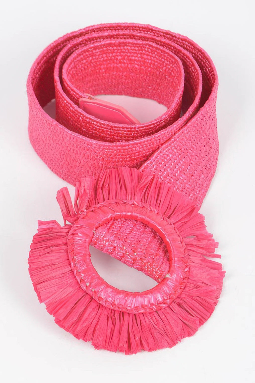 Faux Straw Elastic Belt in bright pink, layered strap with fringed rosette ring