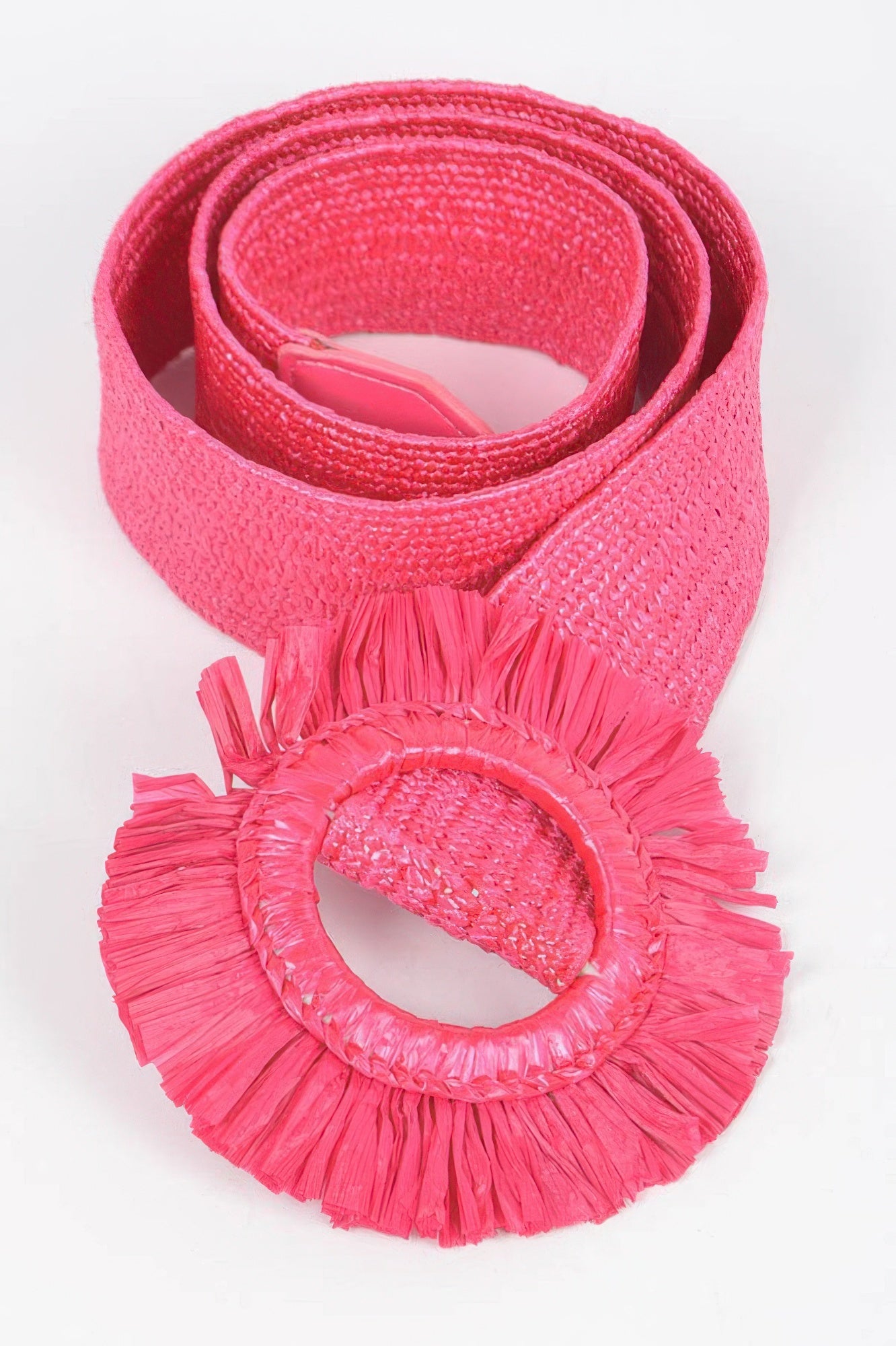 Faux Straw Elastic Belt in bright pink, layered strap with fringed rosette ring
