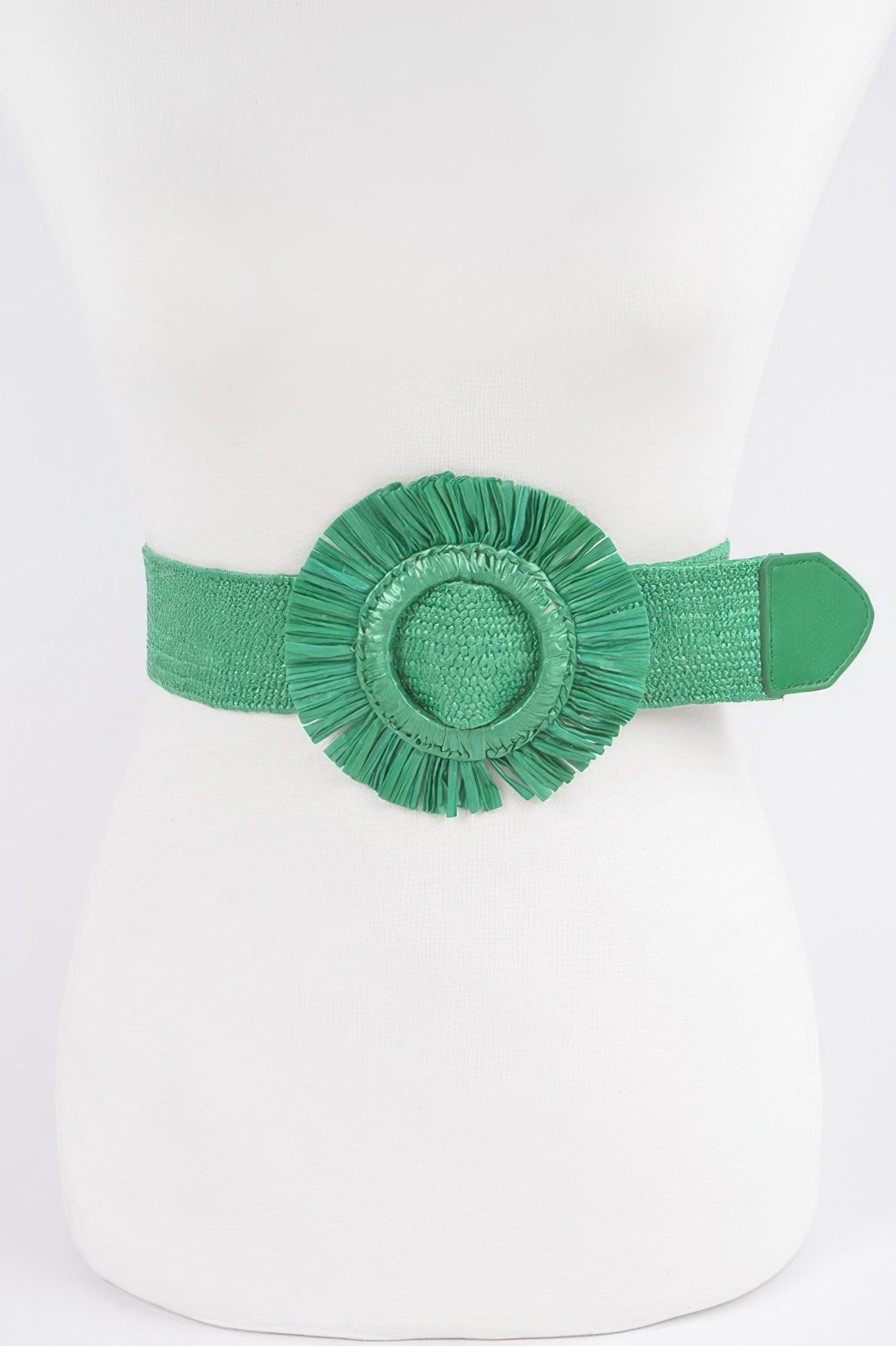Faux Straw Elastic Belt in green, circular tassel medallion on elastic band