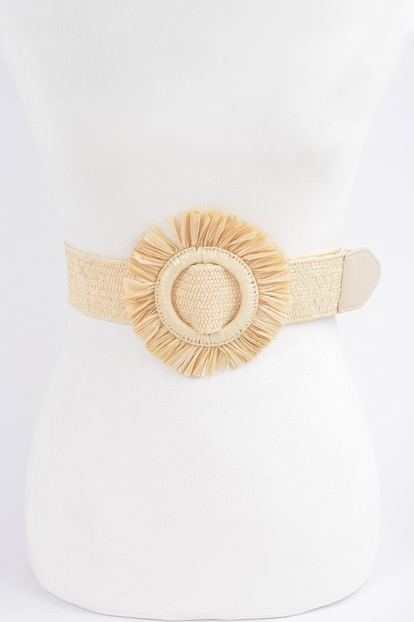Faux Straw Elastic Belt in ivory, round fringed rosette detail with faux leather tab