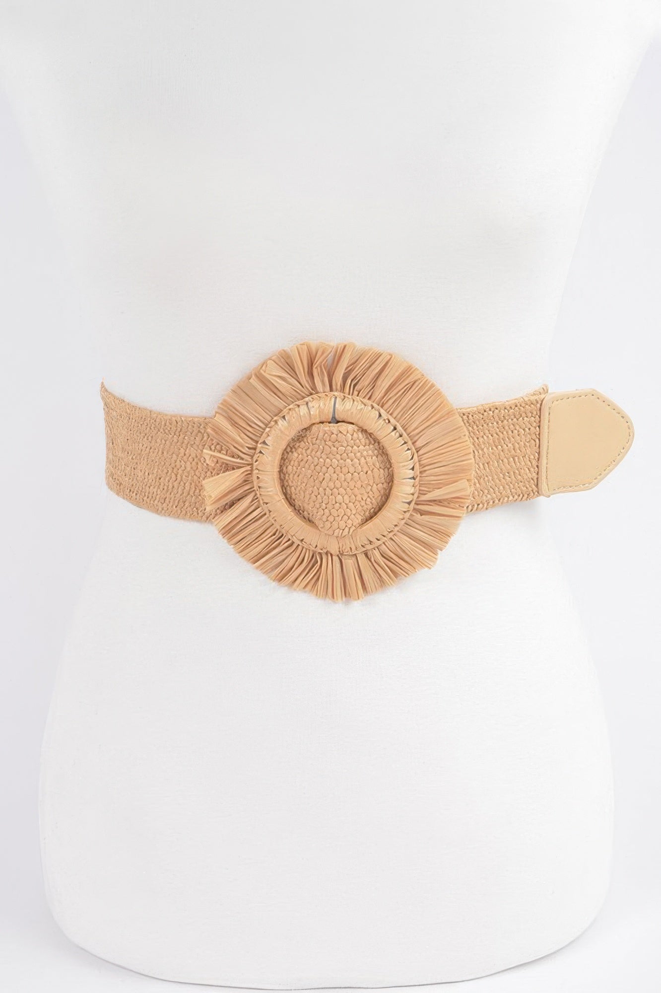 Faux Straw Elastic Belt in khaki/tan, circular fringed rosette centerpiece
