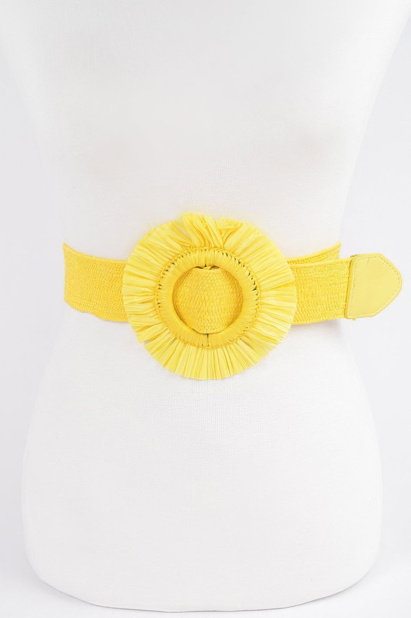 Faux Straw Elastic Belt in yellow, round tassel medallion on elastic strap