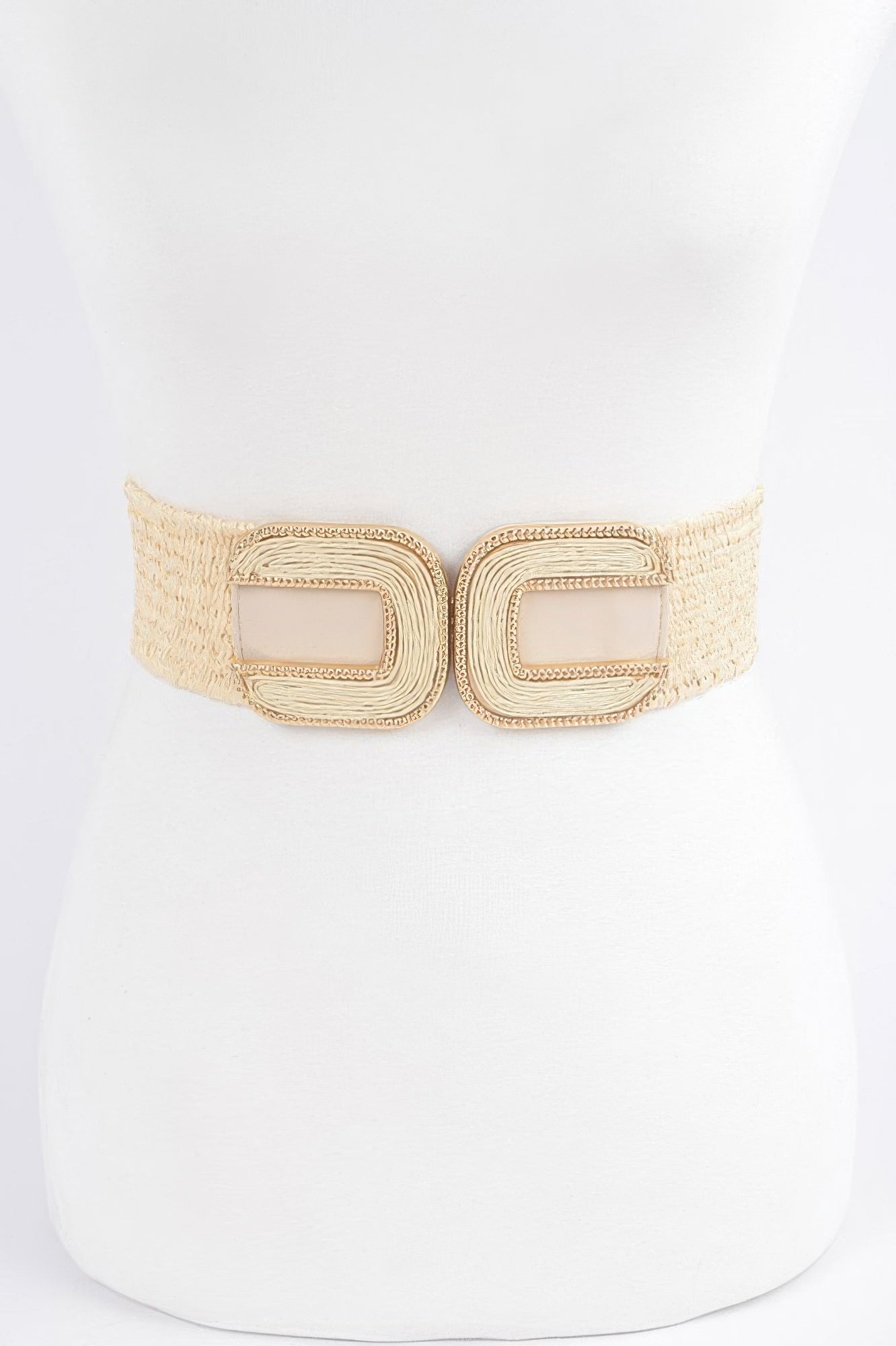 Faux straw elastic belt with two rectangular buckles, ivory color