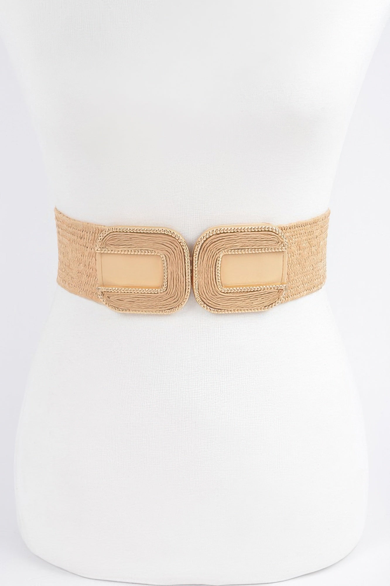 Faux straw elastic belt with two rectangular buckles, khaki color