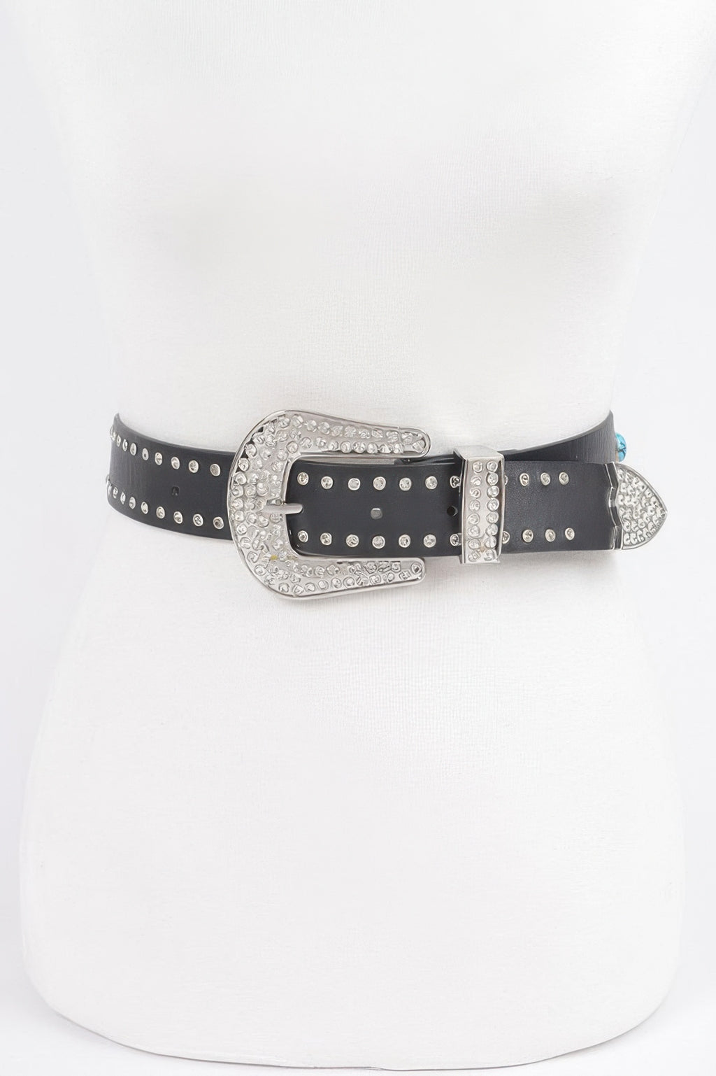 Western style belt, black strap with silver rhinestone buckle and stud accents