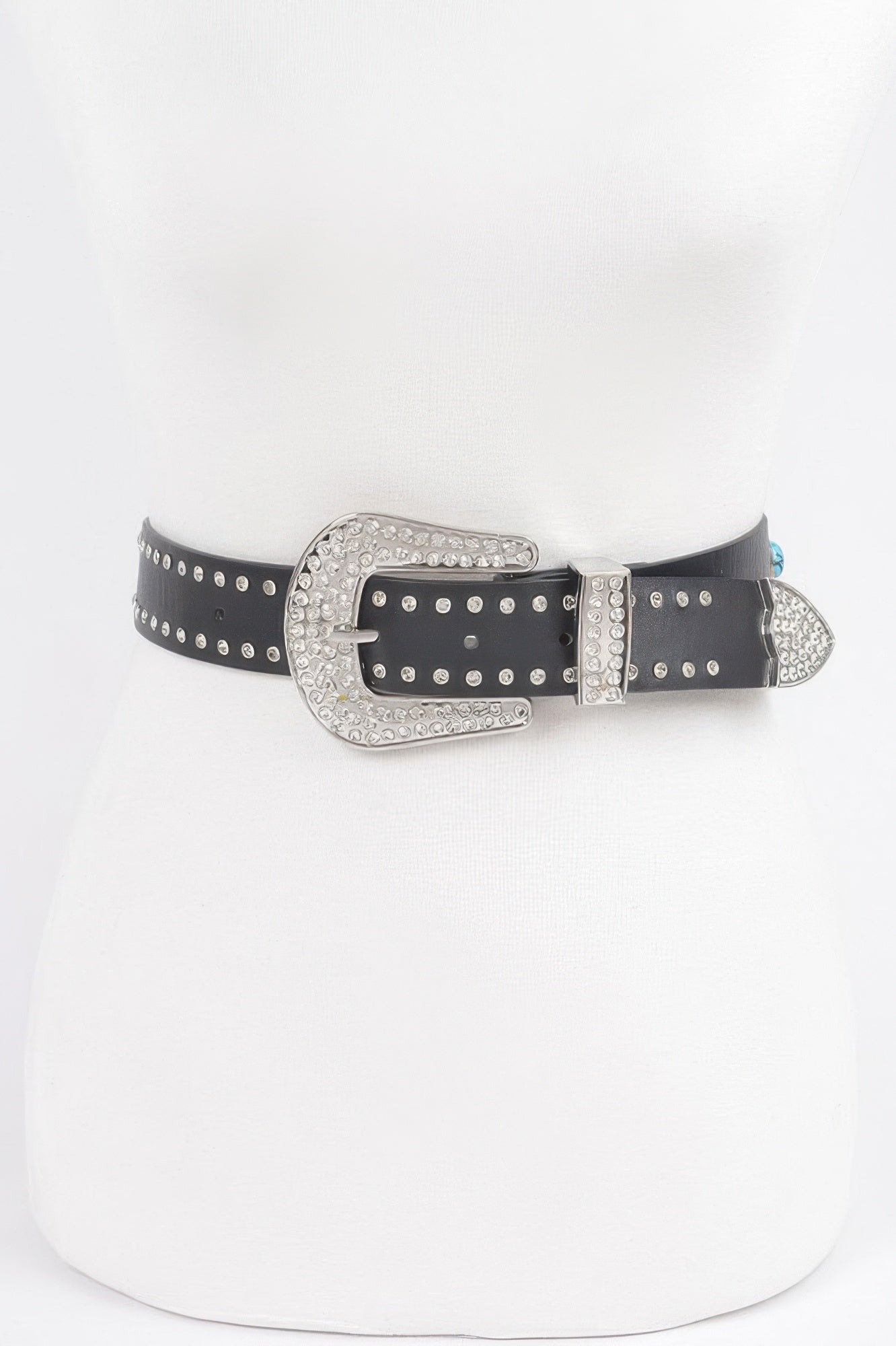 Western style belt, black strap with silver rhinestone buckle and stud accents