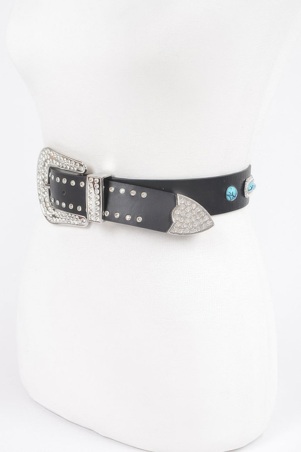 Western style belt with black strap, silver embellishments, and turquoise inlay details