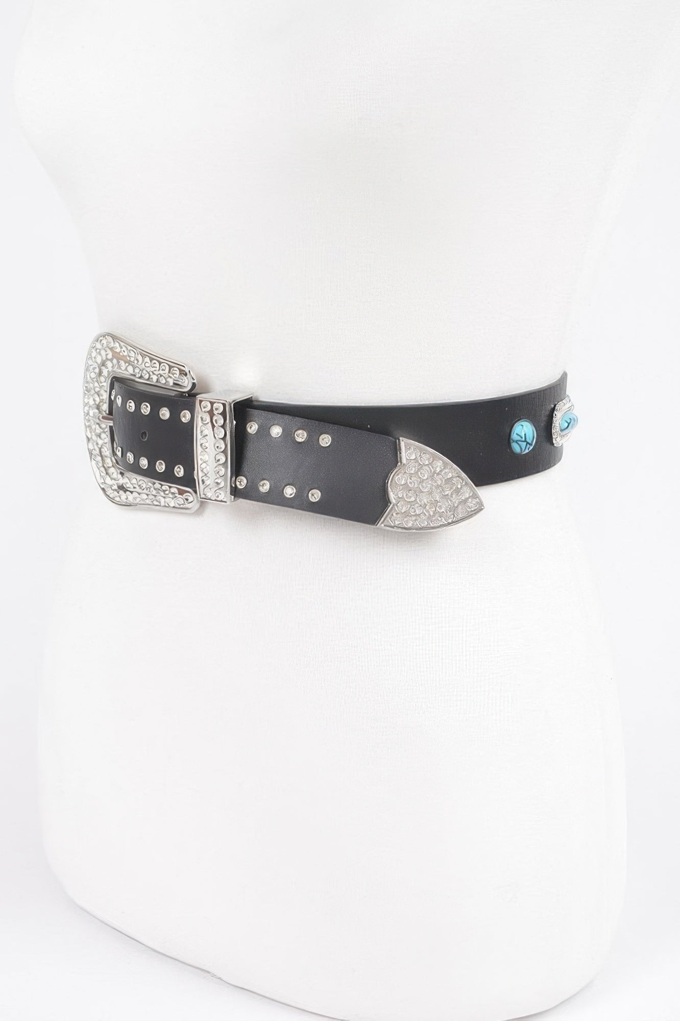 Western style belt with black strap, silver embellishments, and turquoise inlay details