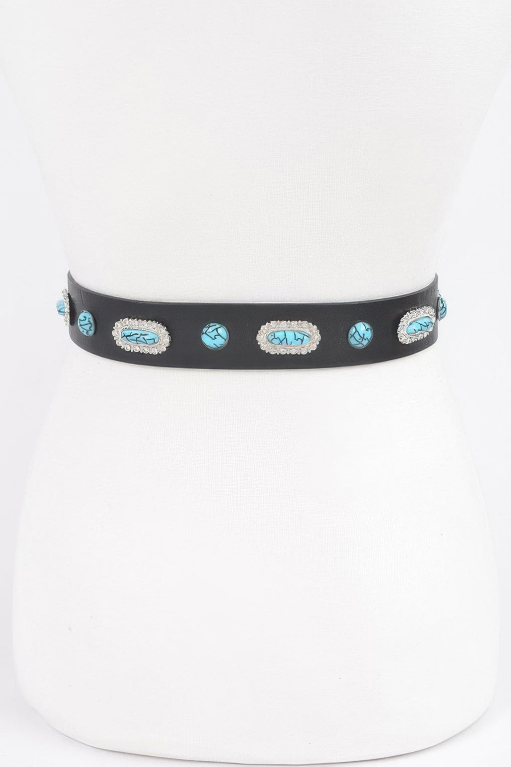 Black western belt with turquoise emblem studs and oval silver concho accents