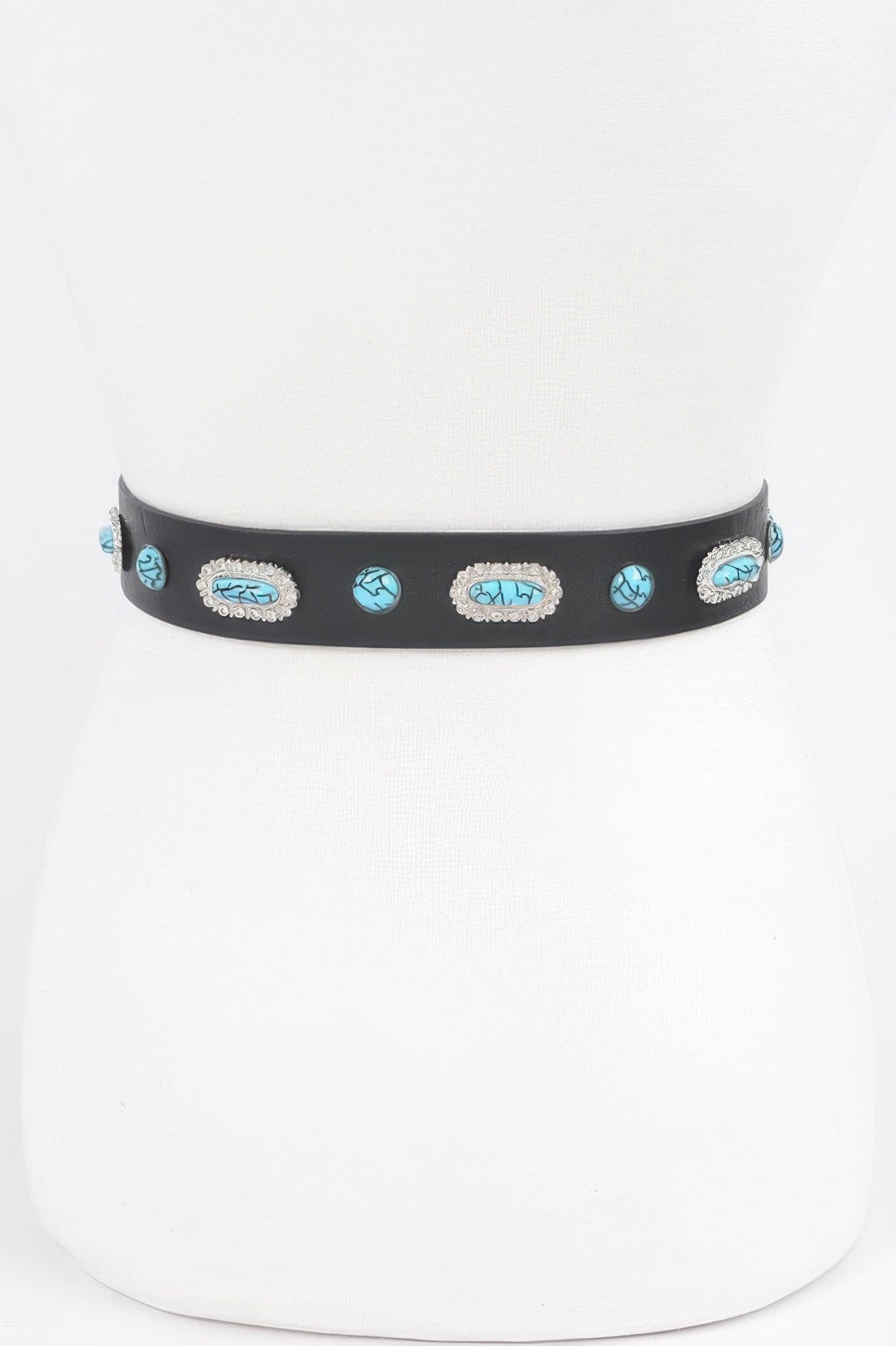 Black western belt with turquoise emblem studs and oval silver concho accents