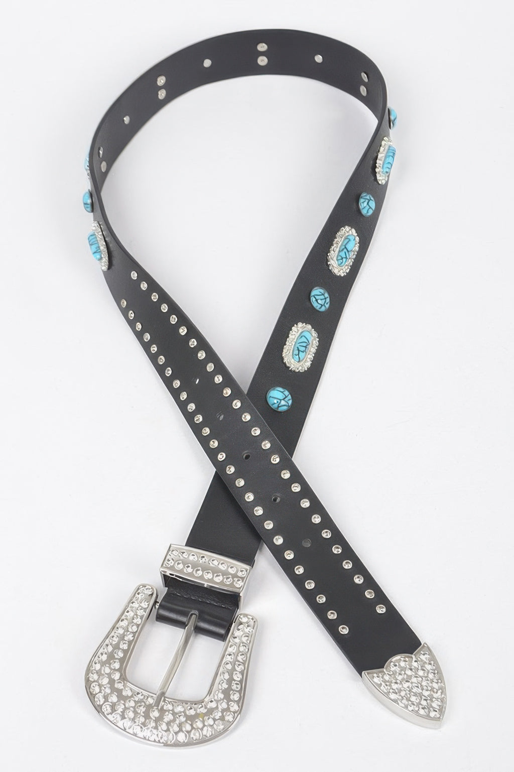 Black western belt with turquoise emblem studs, rhinestone buckle, and decorative edge