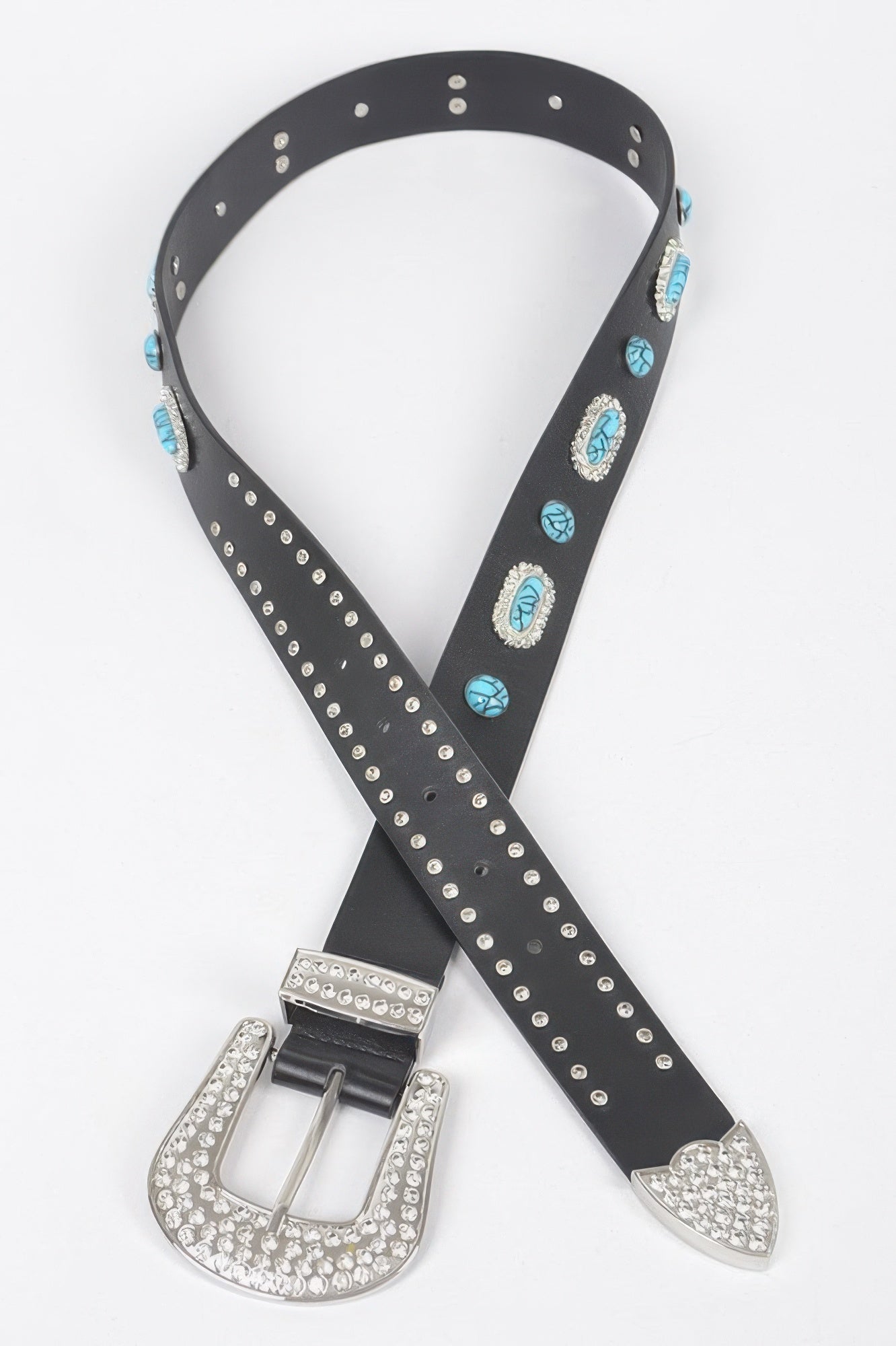 Black western belt with turquoise emblem studs, rhinestone buckle, and decorative edge