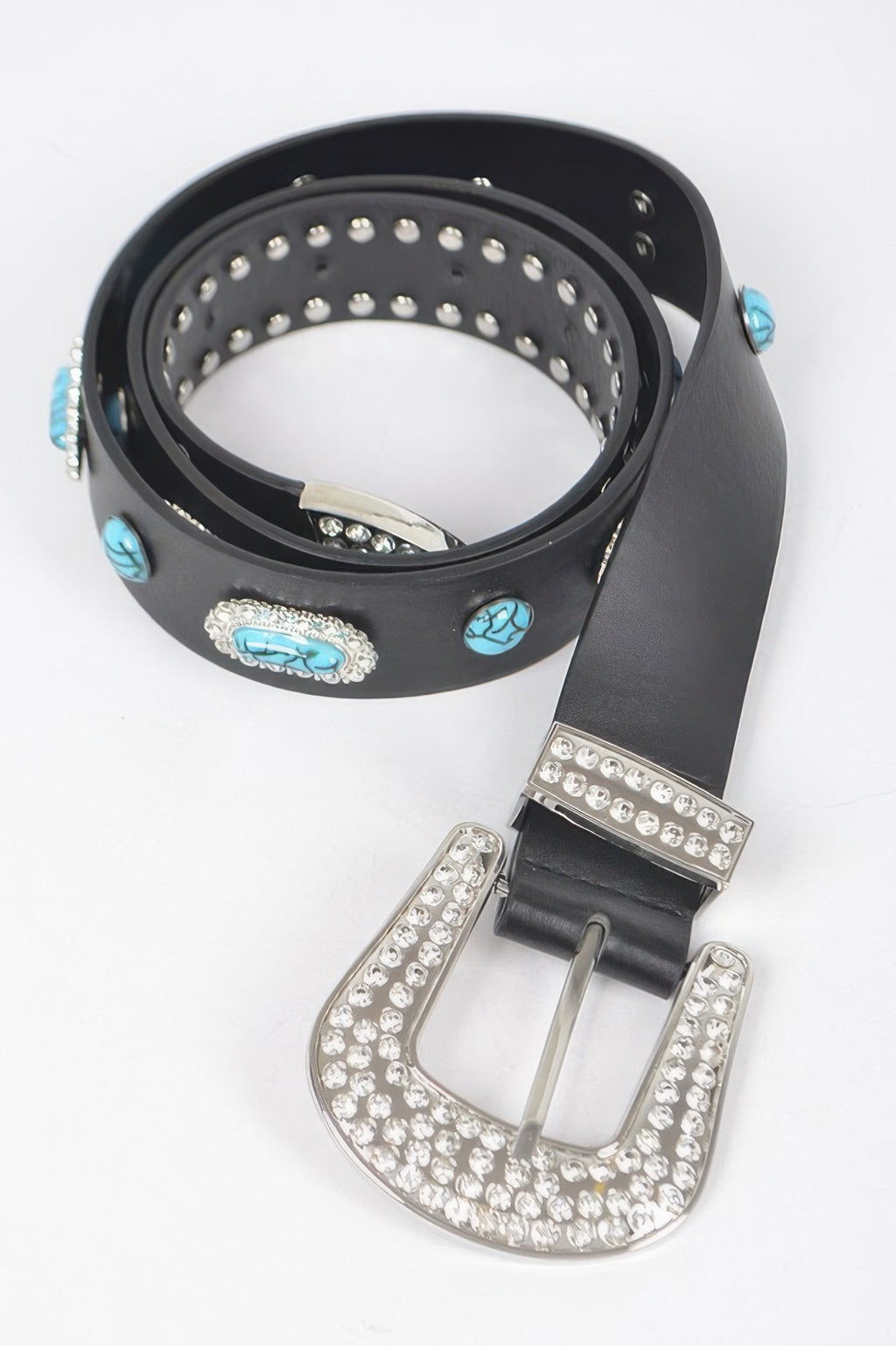 Black belt and buckle set with turquoise emblems and silver rhinestone strap detail