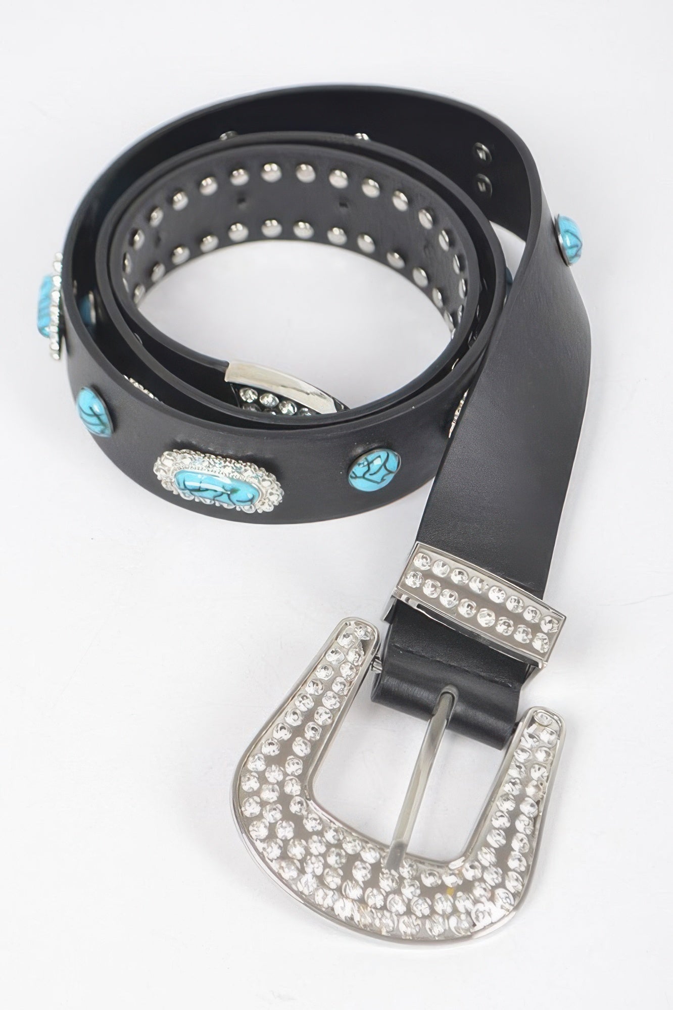 Black belt and buckle set with turquoise emblems and silver rhinestone strap detail