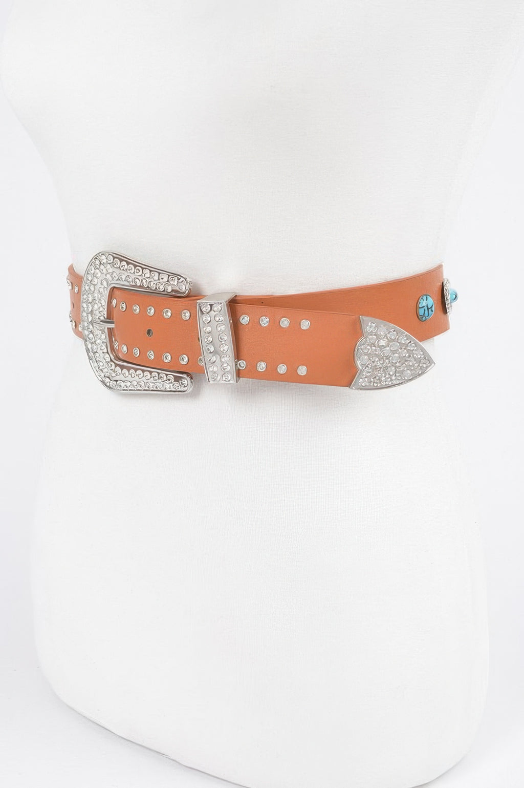 Camel belt with silver rhinestone buckle and turquoise emblem side accents