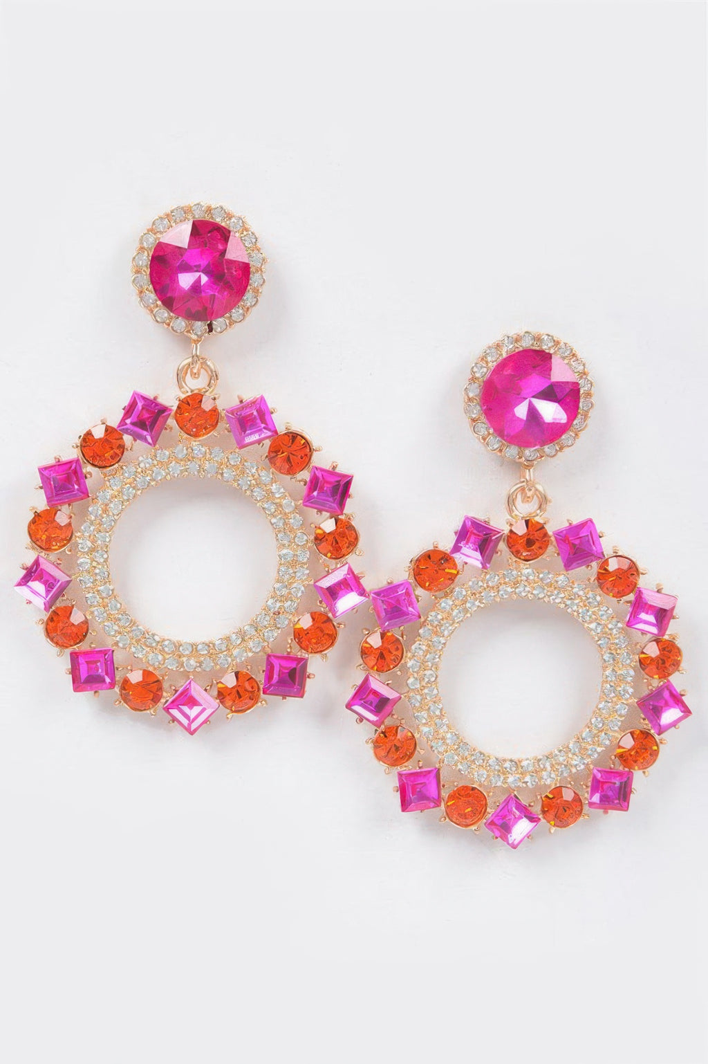 Rhinestone hoop drop earrings, fuchsia and orange stones with gold-toned setting