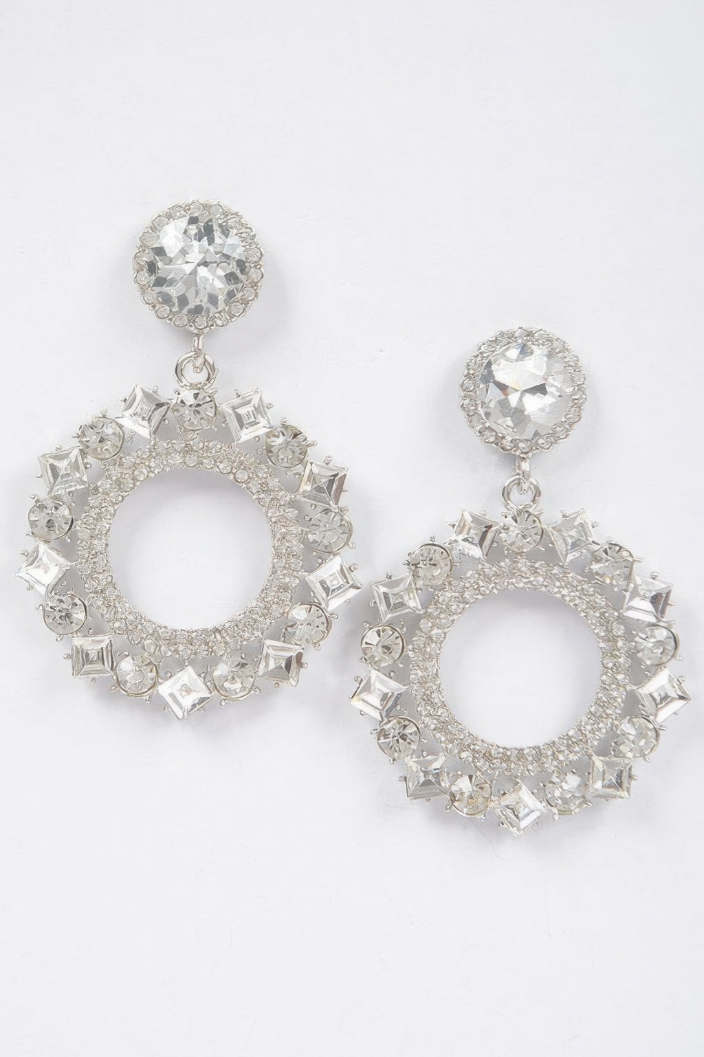 Rhinestone hoop drop earrings with clear stones and silver-toned embellishment