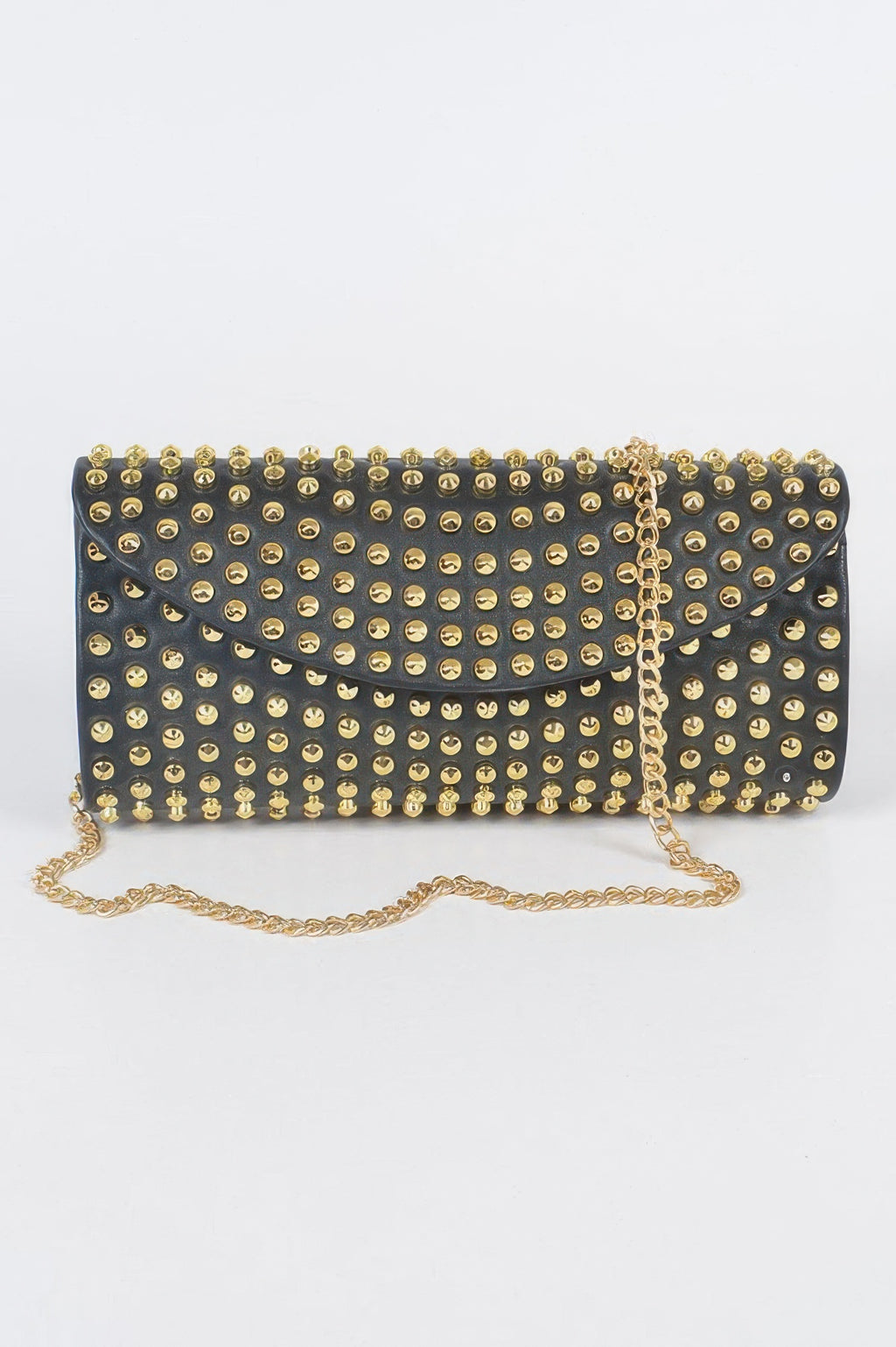 Black-and-gold studded clutch with flap and gold chain strap
