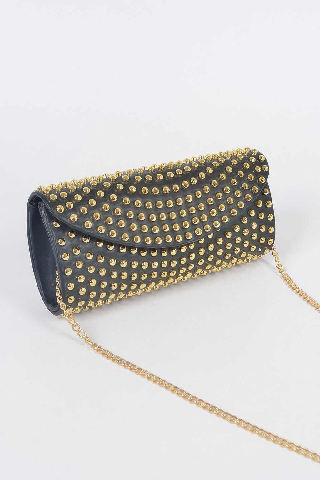 Black clutch with all-over gold studs and shoulder chain strap