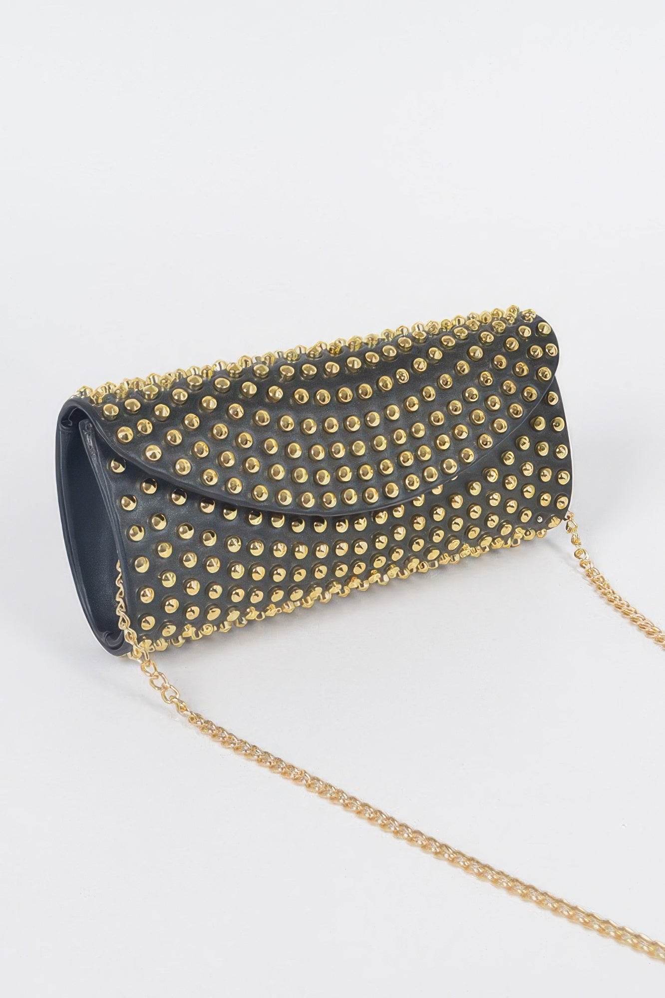 Black clutch with all-over gold studs and shoulder chain strap