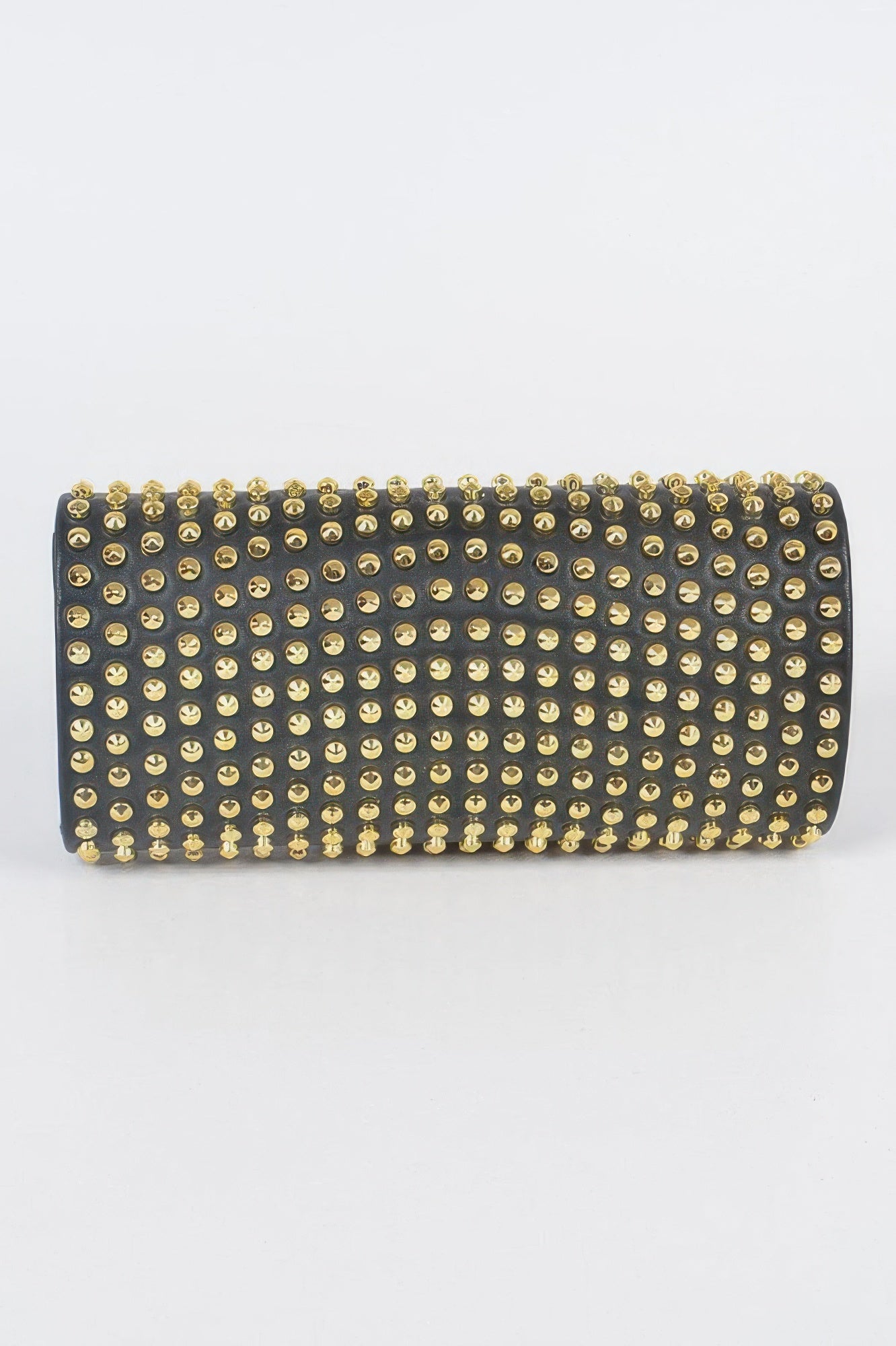 Studded black clutch with rounded flap and all-over gold studs
