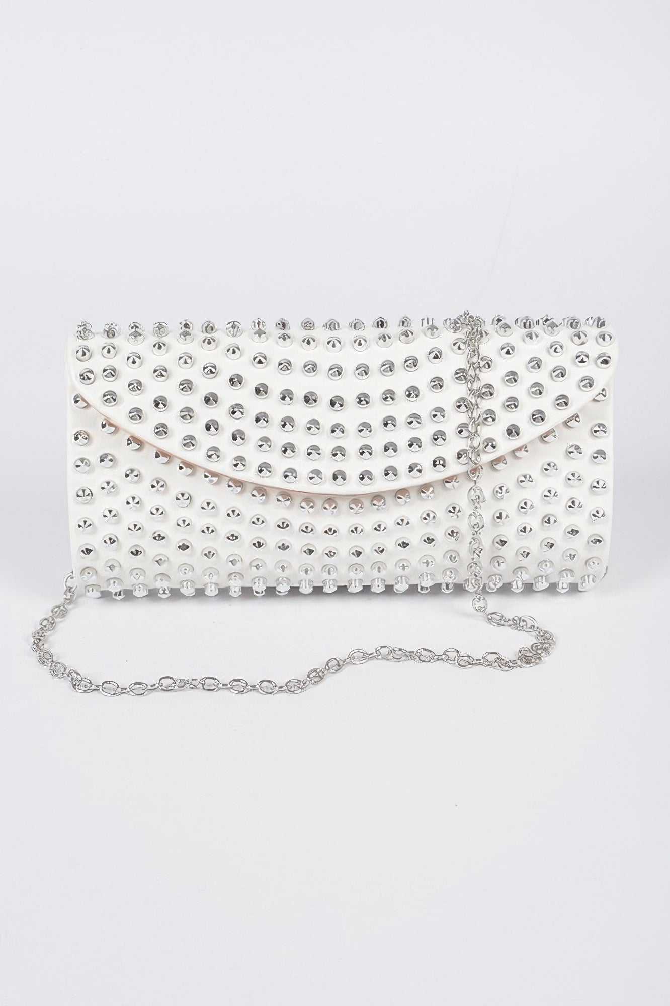 White-and-silver studded clutch with silver chain strap