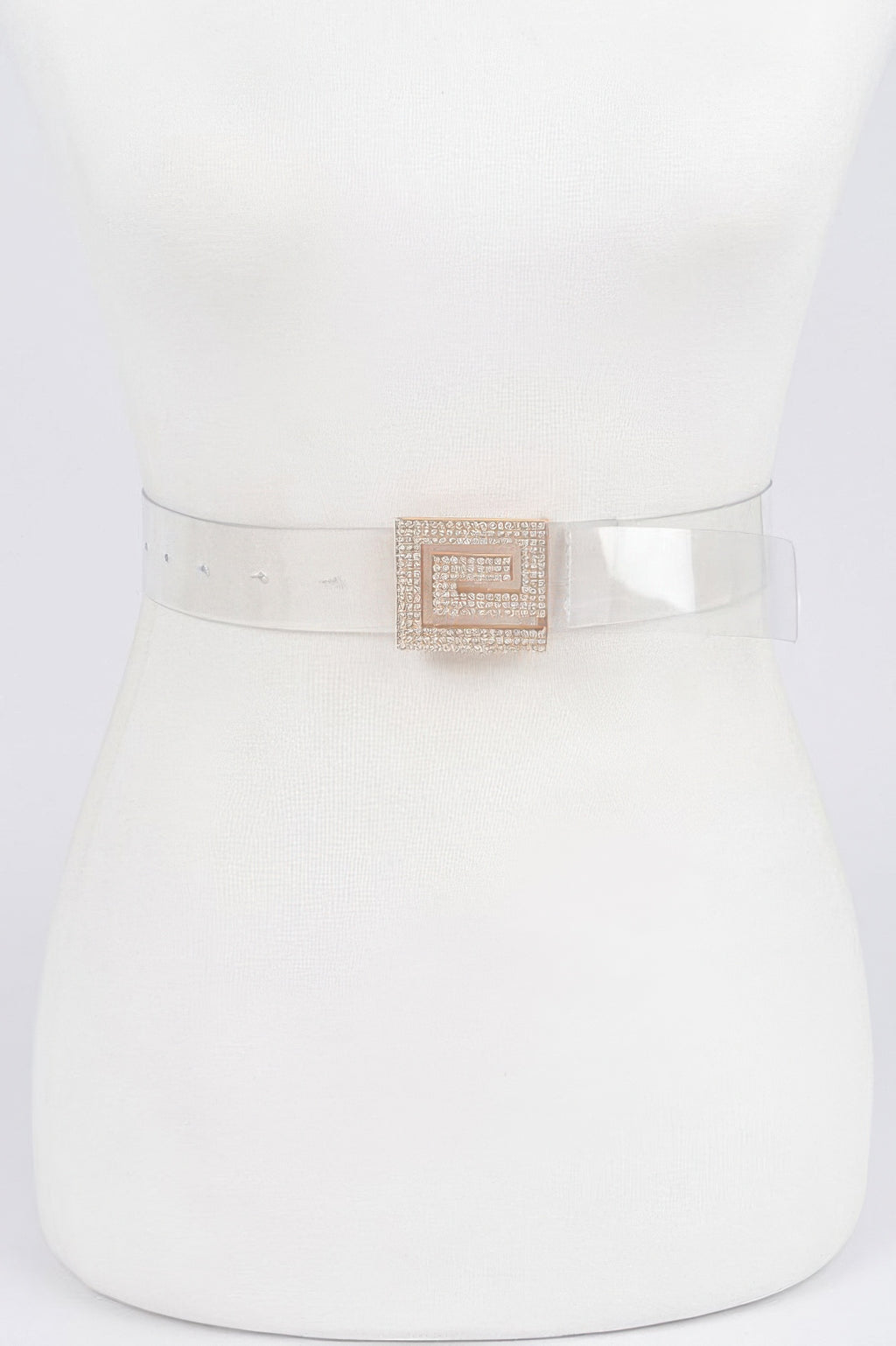 Clear vegan belt with square rhinestone buckle on a mannequin