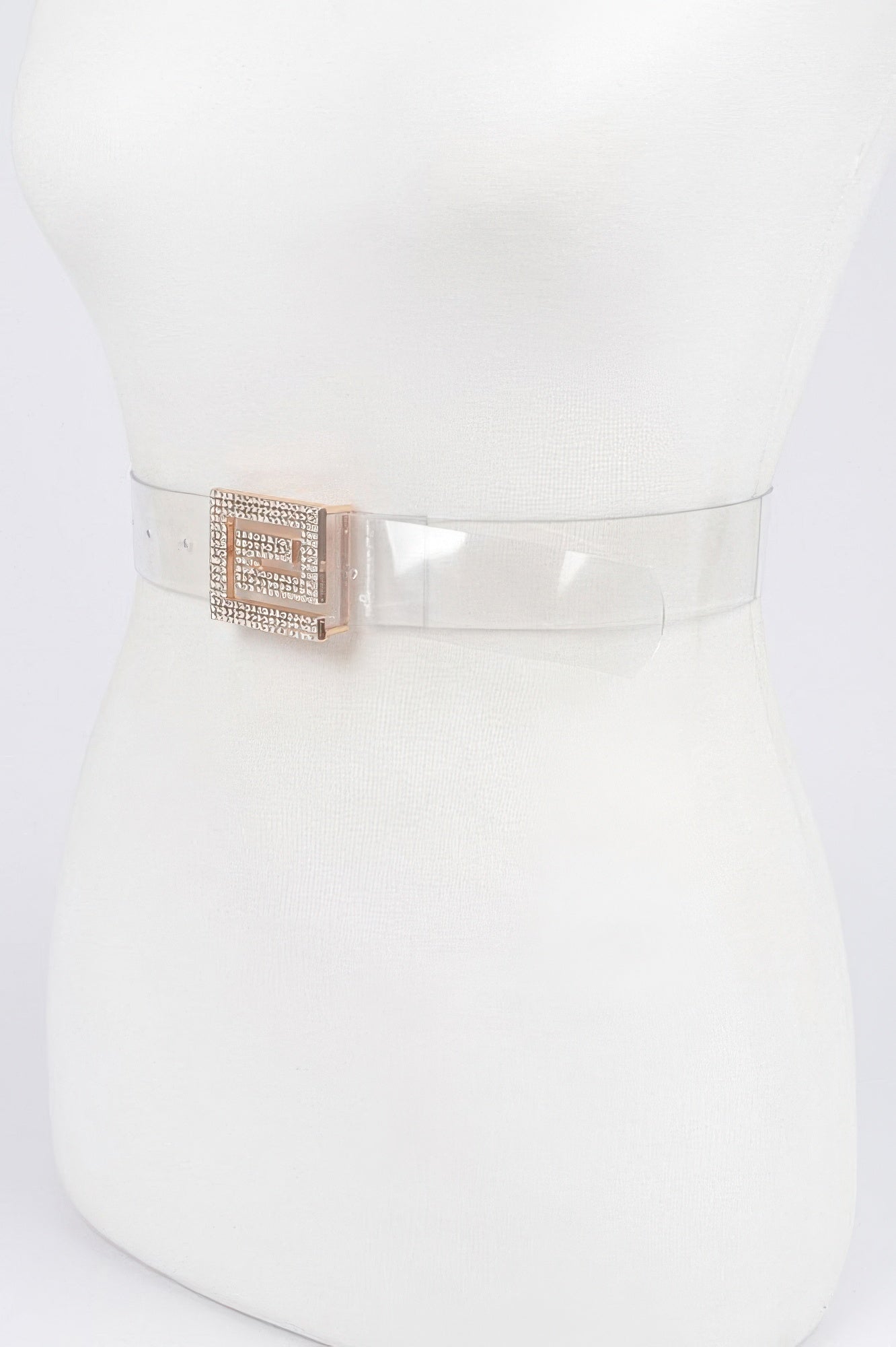 Clear vegan belt with square rhinestone buckle, side view on mannequin