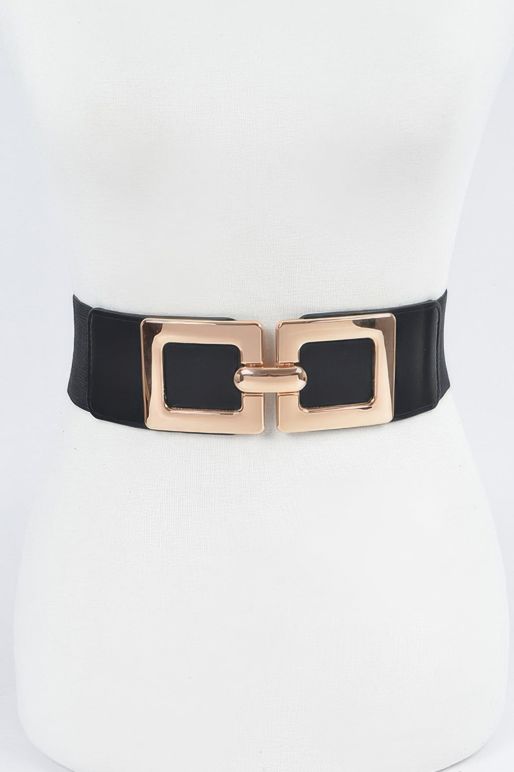 Black elastic belt with two square gold buckles on front panel