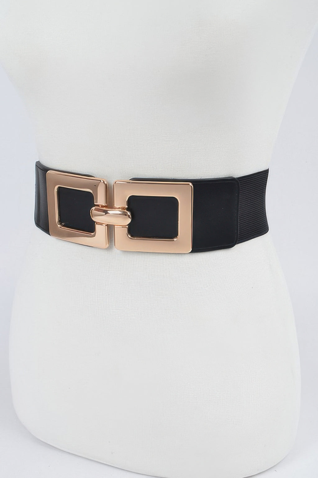 Black elastic belt with double square gold buckle, side view