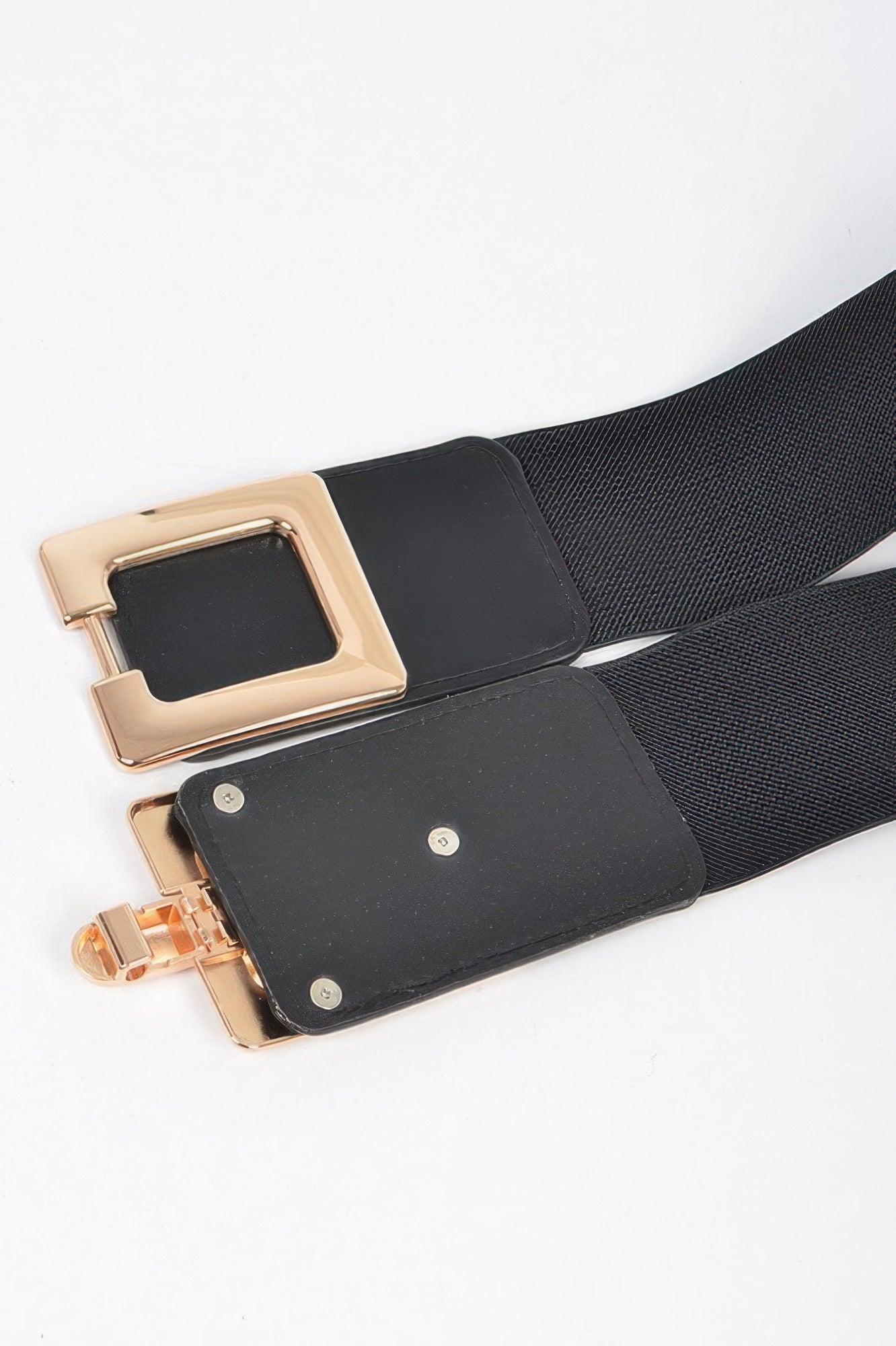Black belt with two square gold buckles and clasp hardware