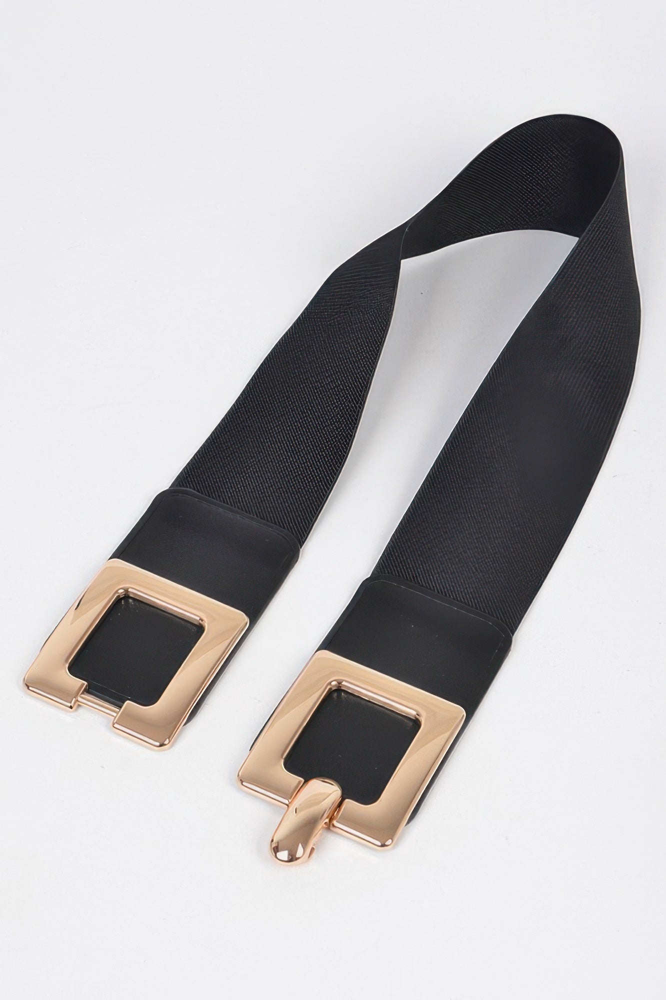 Black elastic belt with two square gold buckle ends and prong clasps