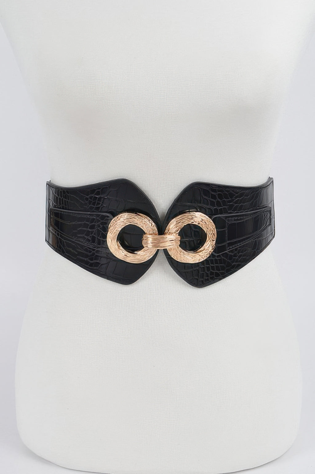 Faux croc wide stretch belt, black with gold-tone double-ring buckle