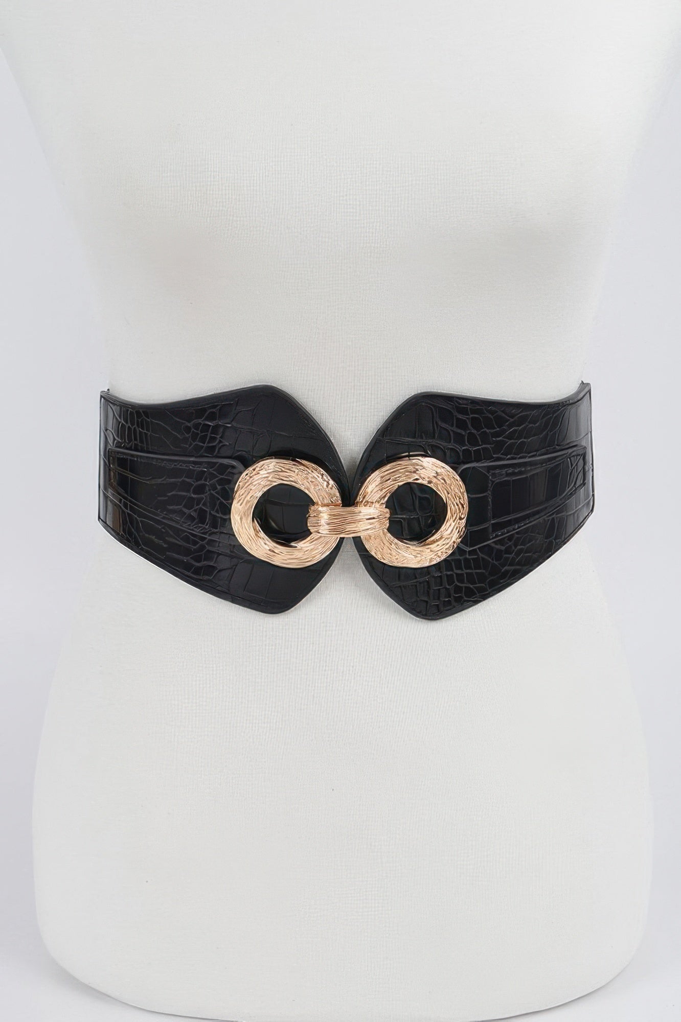 Faux croc wide stretch belt, black with gold-tone double-ring buckle