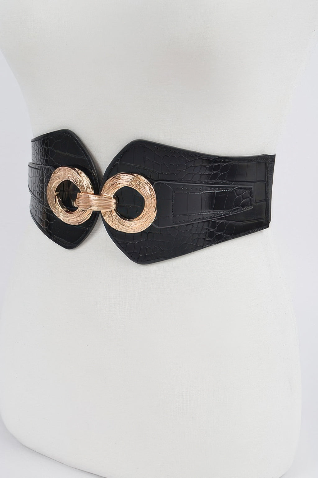 Faux croc wide stretch belt with gold-tone double ring buckle, black