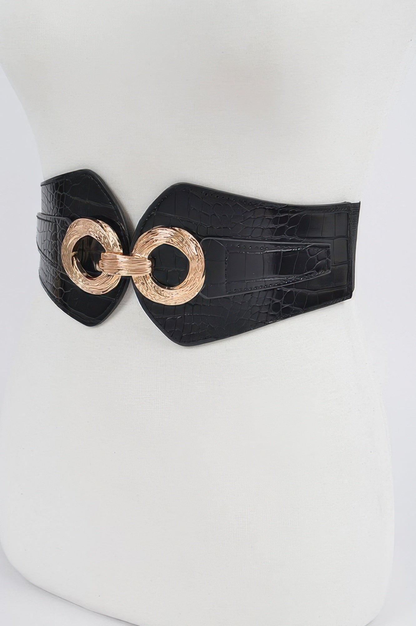 Faux croc wide stretch belt with gold-tone double ring buckle, black