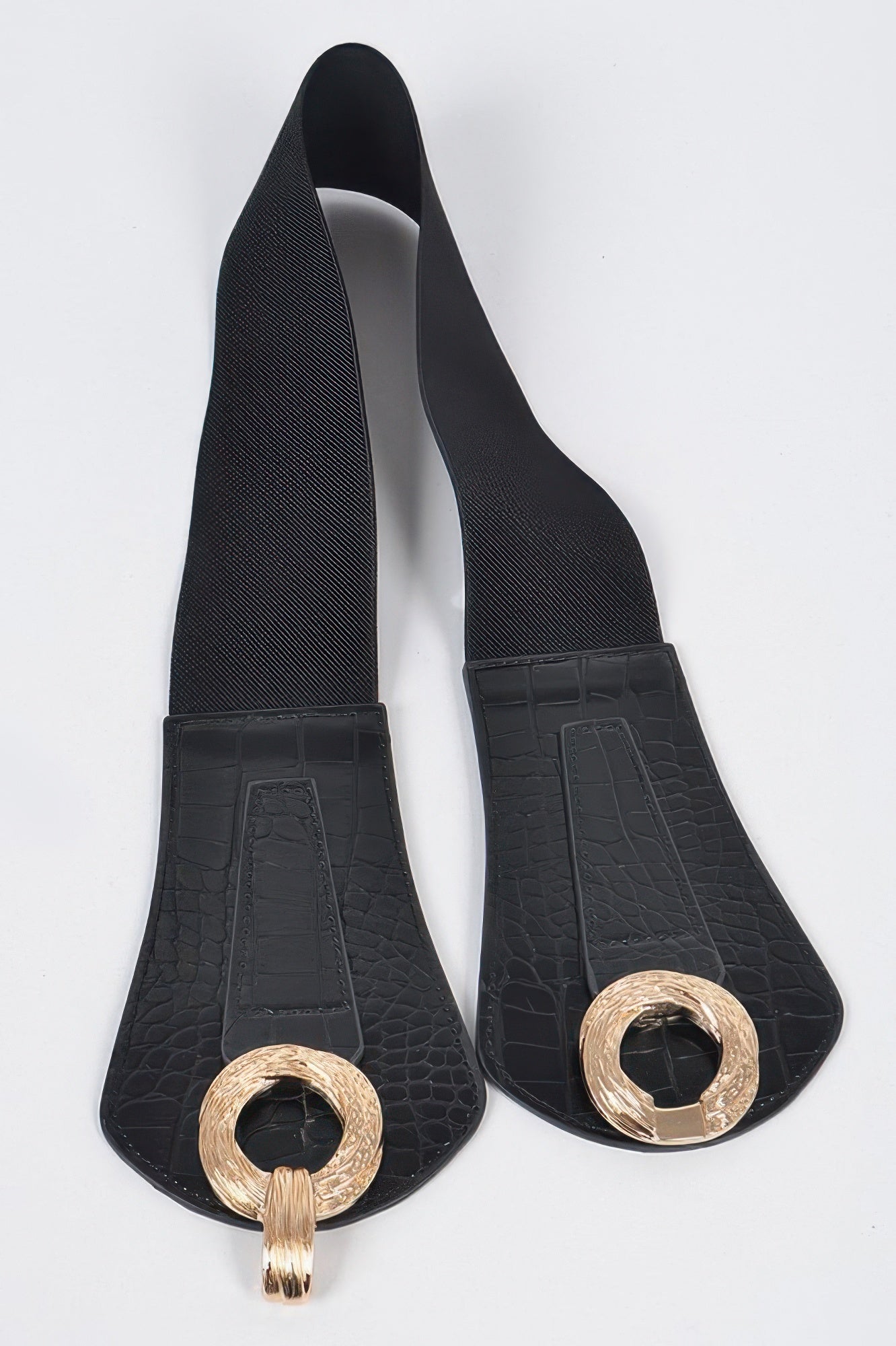 Black faux-croc wide stretch belt ends with gold-tone ring hardware