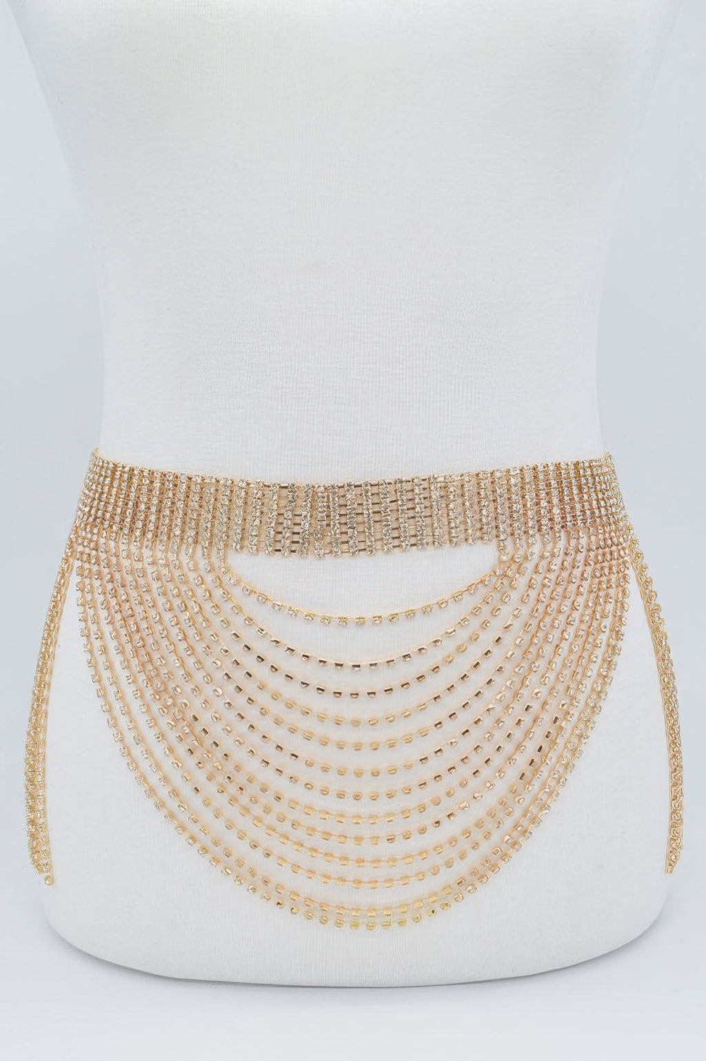 Gold rhinestone multi-layer drop belt with wide waistband and draped chains