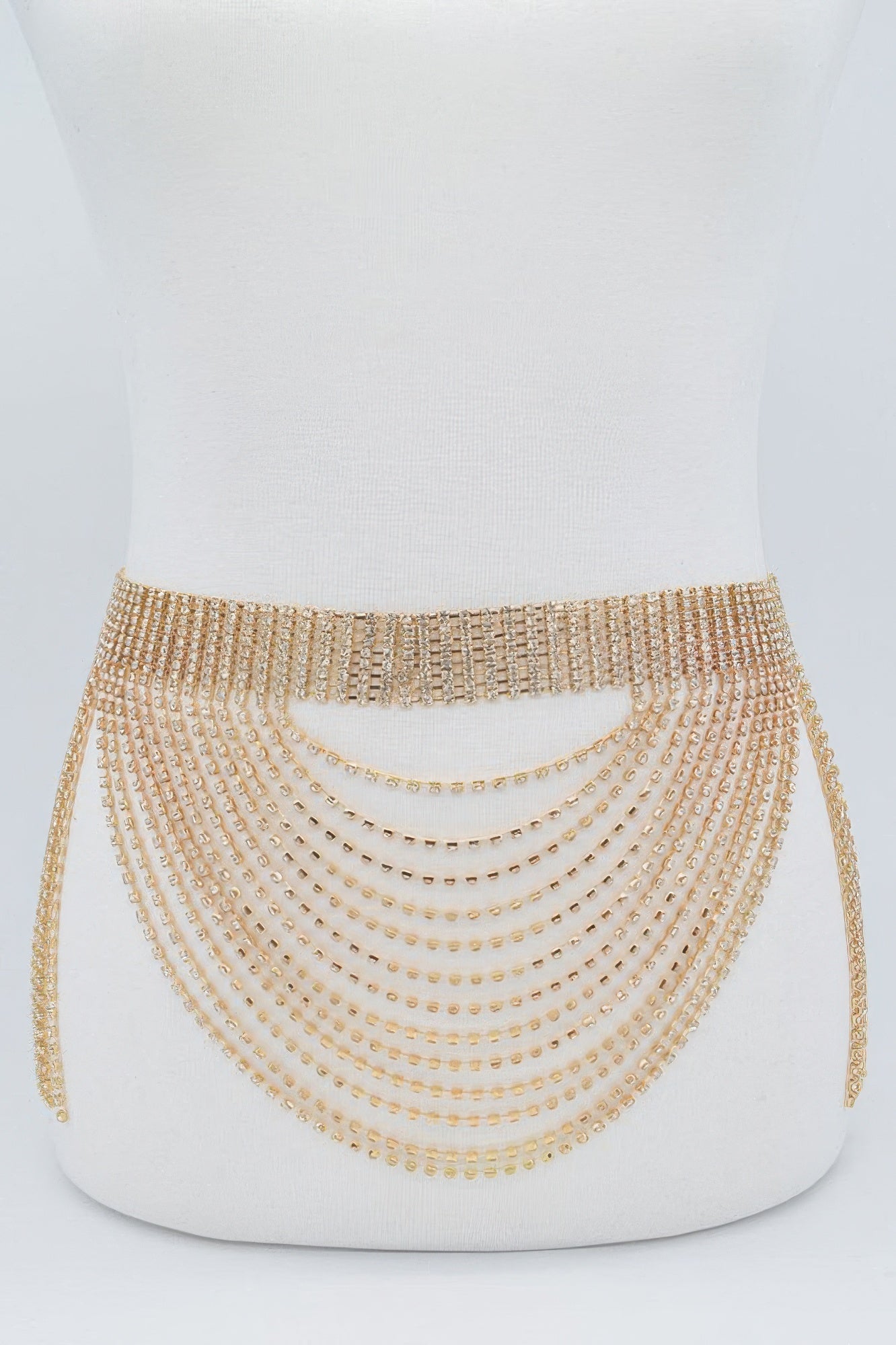 Gold rhinestone multi-layer drop belt with wide waistband and draped chains